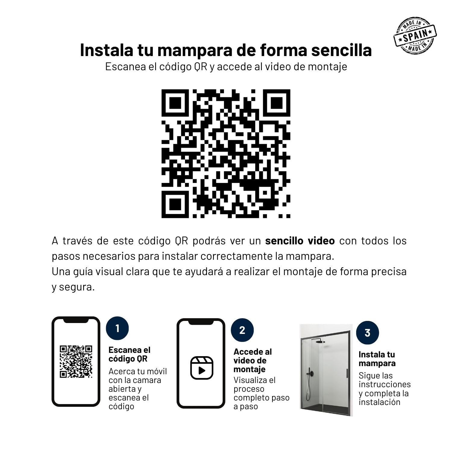 Mampara de Ducha Corredera Medidas (136 a 140) x 195 cm, Ancho Ajustable, Frontal - 2 hojas: 1 fija, 1 Con Rodamientos - Vidrio 6 mm, Reversible - SERIE 300F - Perfil Color Negro