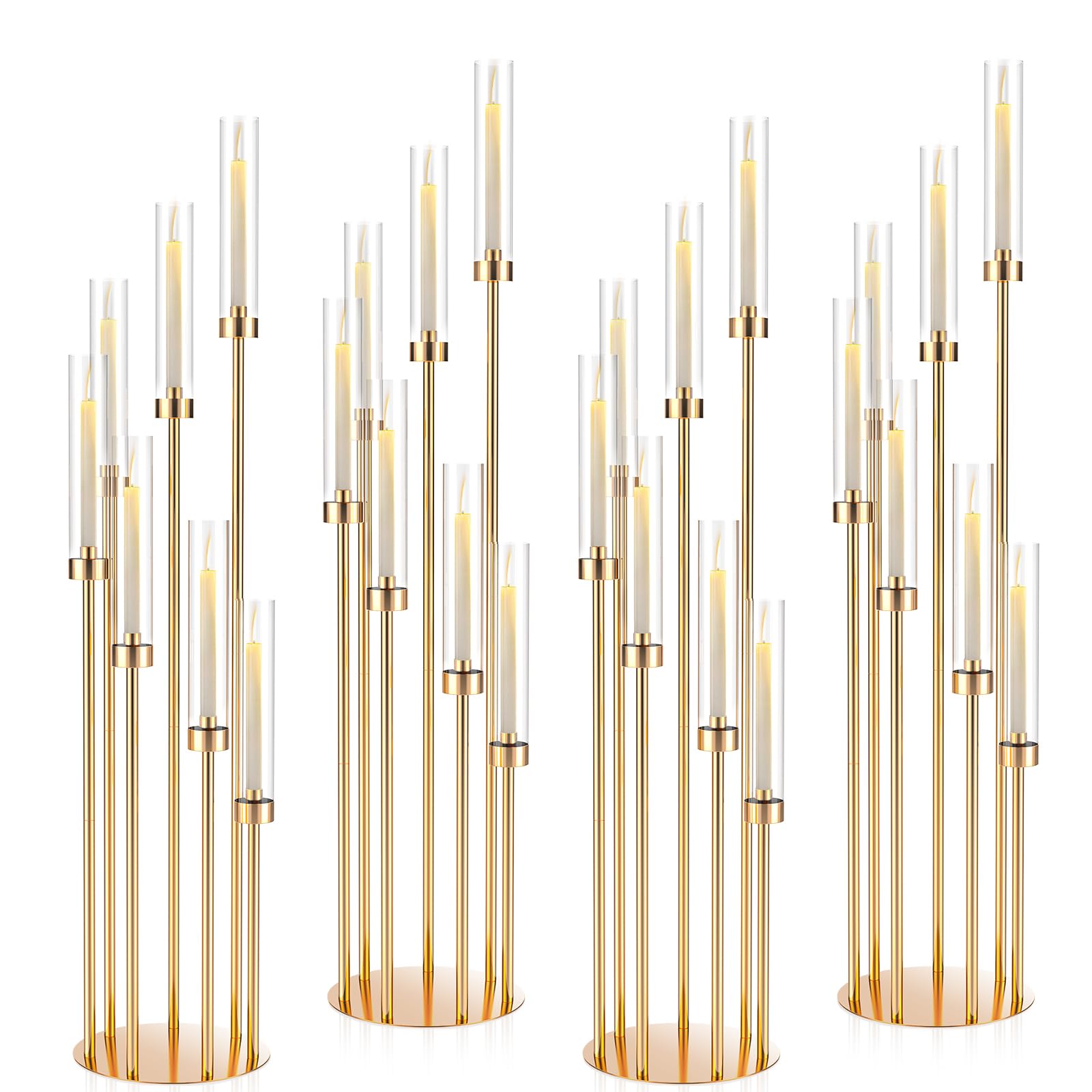 mopam 7 Arms Floor Candelabra 46.5'' Floor Candle Holders for Wedding 4pcs Gold Candle Sticks Holder Decor Tall Metal Candlestick Set with Acrylic Lampshades for Home Christmas Party (Round)