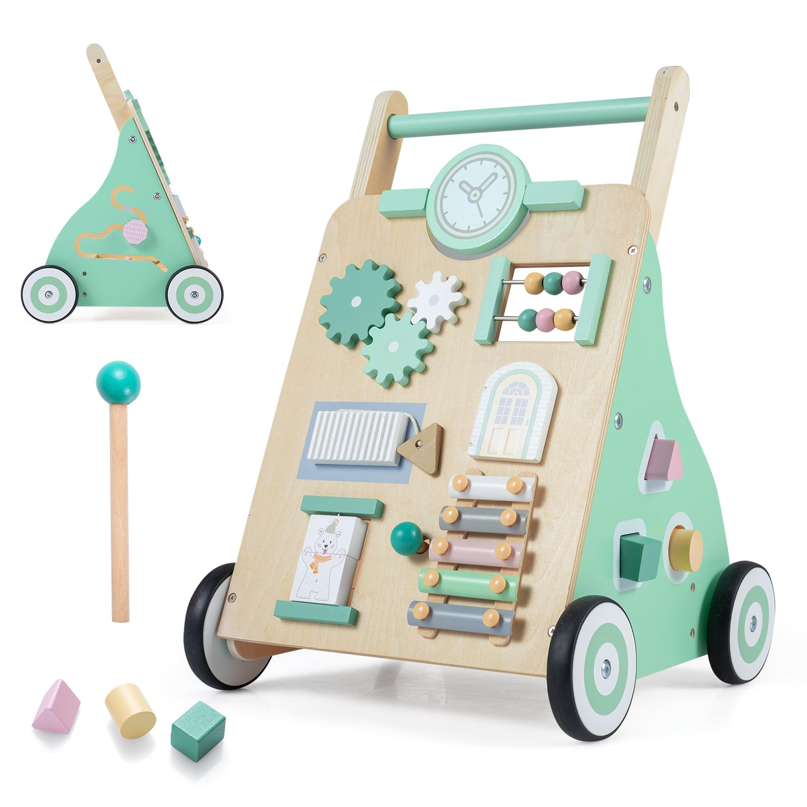 COSTWAY Wózek do nauki chodzenia 2 w 1 z drewna, Baby Walker dla dzieci od | Wielofunkcyjny przyrząd do nauki chodzenia z centrum aktywności Montessori, 10 interaktywnych zajęć i miejsce do