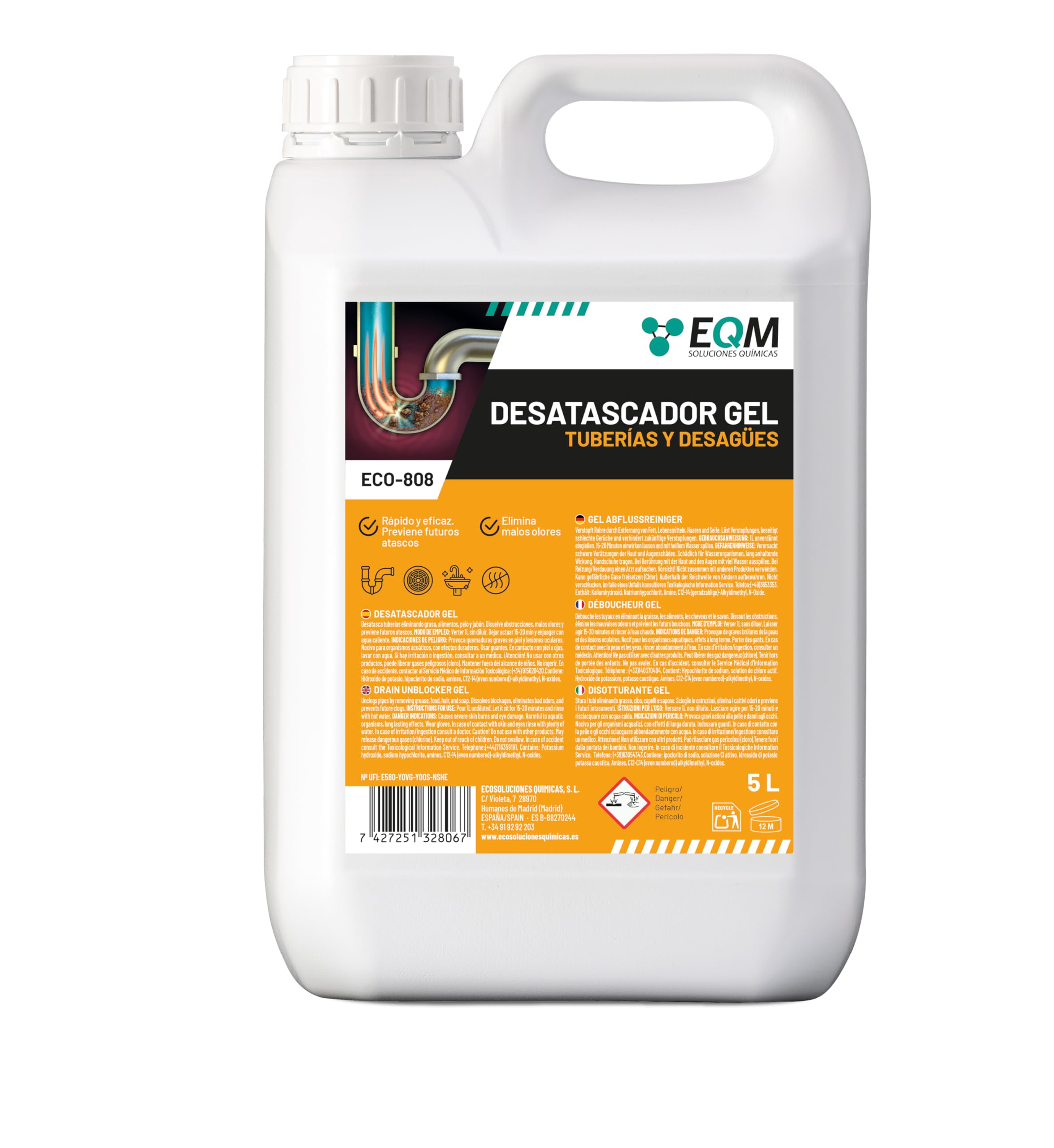 EQM - ECO-808 - Professional Pipe Unblocker - 5L - Concentrated Gel for Difficult Jams - Fast and Deep Action - Effective in Sinks, Sinks and Household Drains