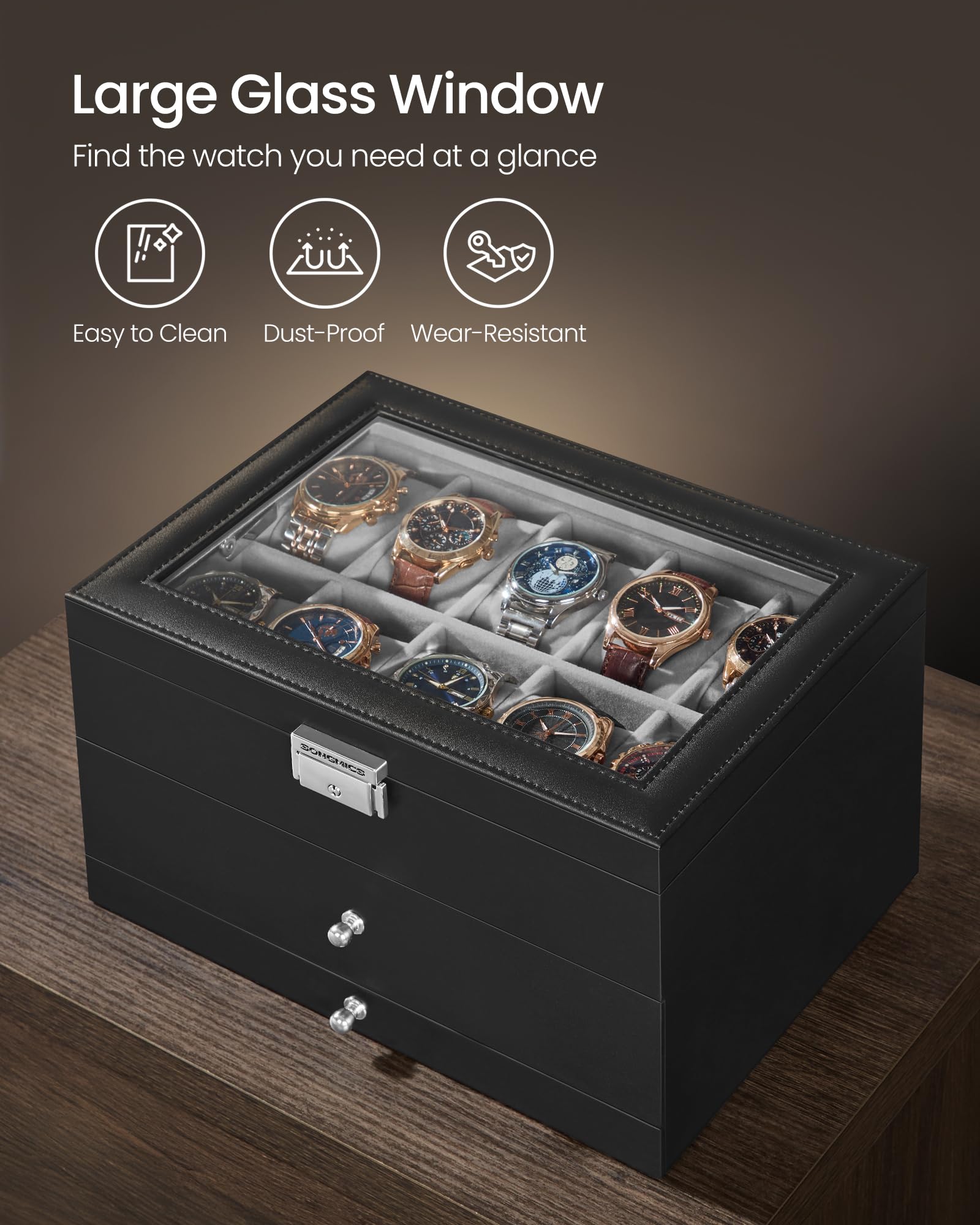 SONGMICS UJWB036B101 - Scatola per orologi, 20 scomparti, con grande coperchio in vetro, cuscini rimovibili, chiusura in metallo, regalo per i propri cari, in pelle sintetica nera, fodera grigia