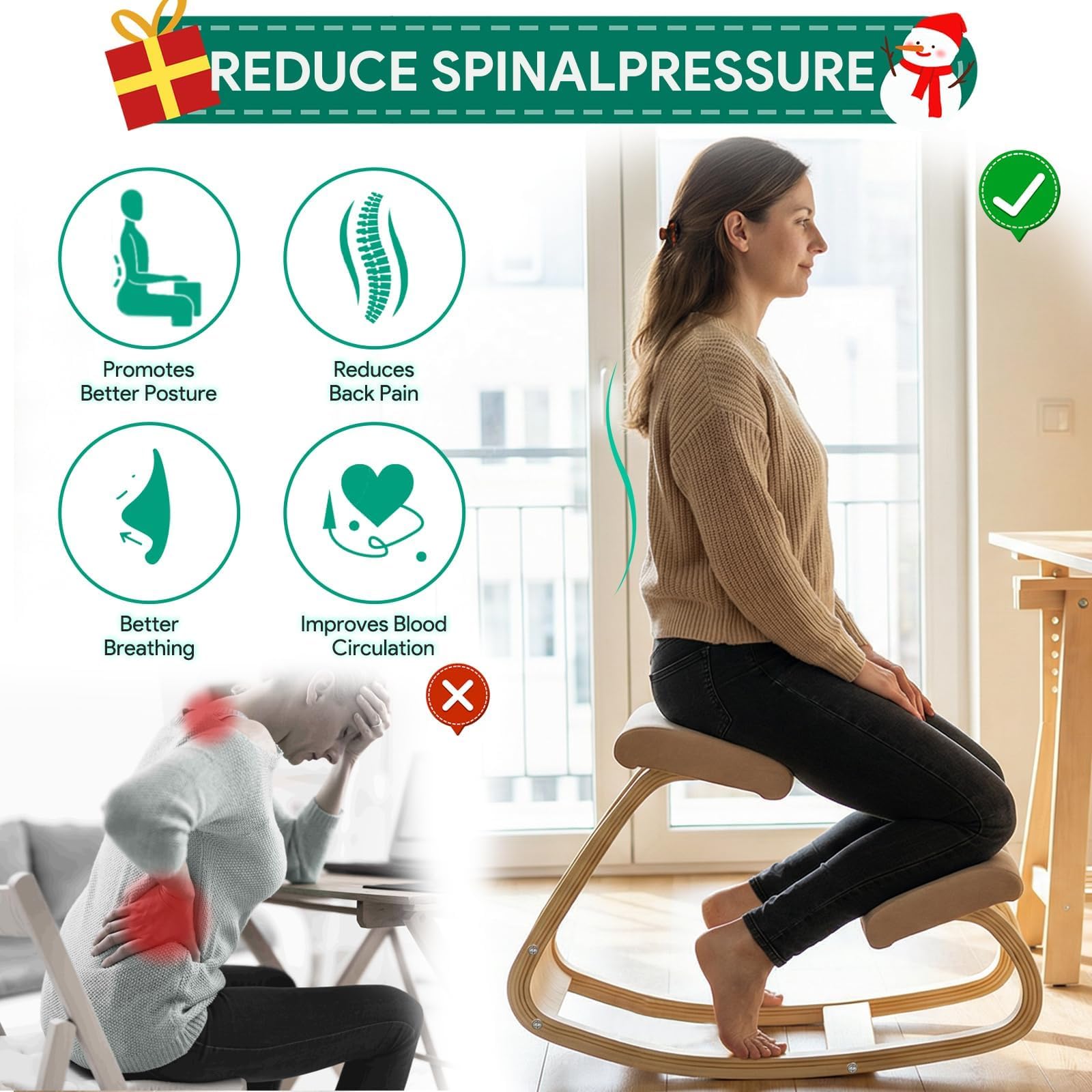 Silla ergonómica para rodillas de madera negra, corrector de postura para oficina en casa y meditación, solución de escritorio para aliviar el dolor de espalda y cuello y mayor comodidad