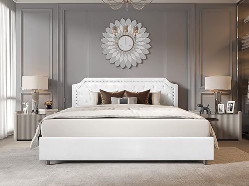Miniatura 2 de BONSOIR Marco de cama tapizado de perfil bajo con cabecera capitoné y clavos 4 cajones extraíbles piel sintética blanca tamaño King