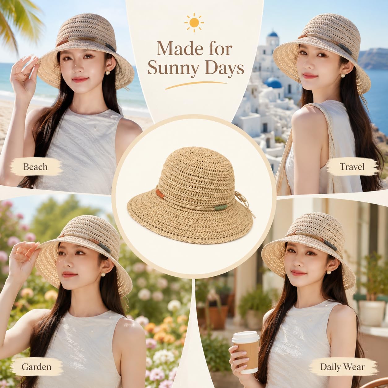 Straw Bucket Hat for Women, Breathable Paper Straw Sun Hat, Lightweight Woven Beach Hat for Summer Travel Vacation