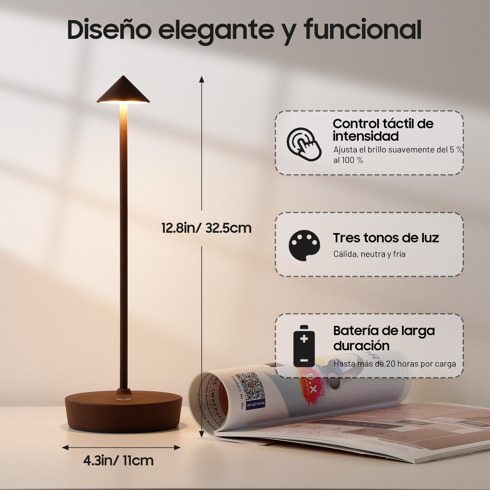 Lámpara de Mesa sin Cable LED Recargable 6000mAh, 3 Modos de Luz, Brillo Regulable Táctil, IP54, con Memoria, para Dormitorio, Terraza y Exteriorr (2x Corten)