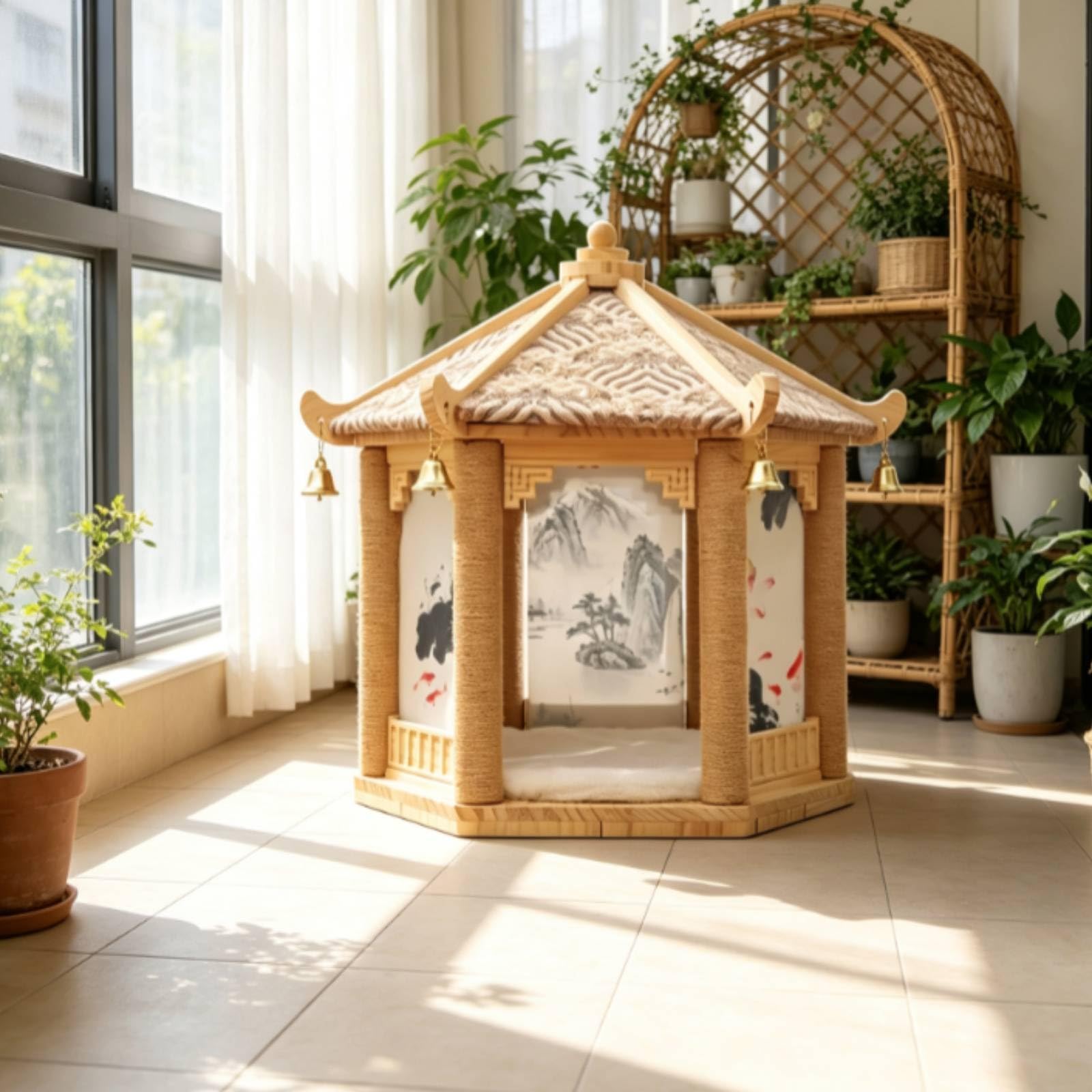 Struttura Arrampicata per Gatti con Tiragraffi in Sisal E Legno Massello con Pannelli Decorativi Stile Inchiostro Adatta per Soggiorno E Camera da Letto