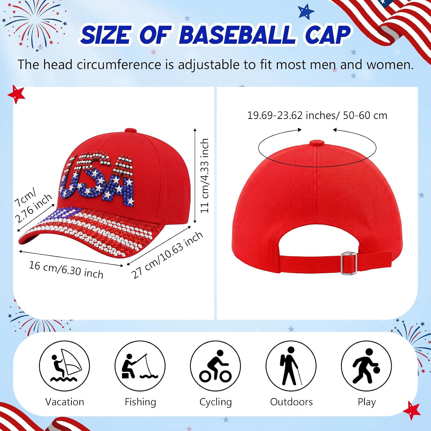 Unittype 3 Pcs American Flag Hats for Women Rhinestone Baseball Caps Sparkly USA Caps 4th of July Patriotic Hats for 250 Anniversary USA