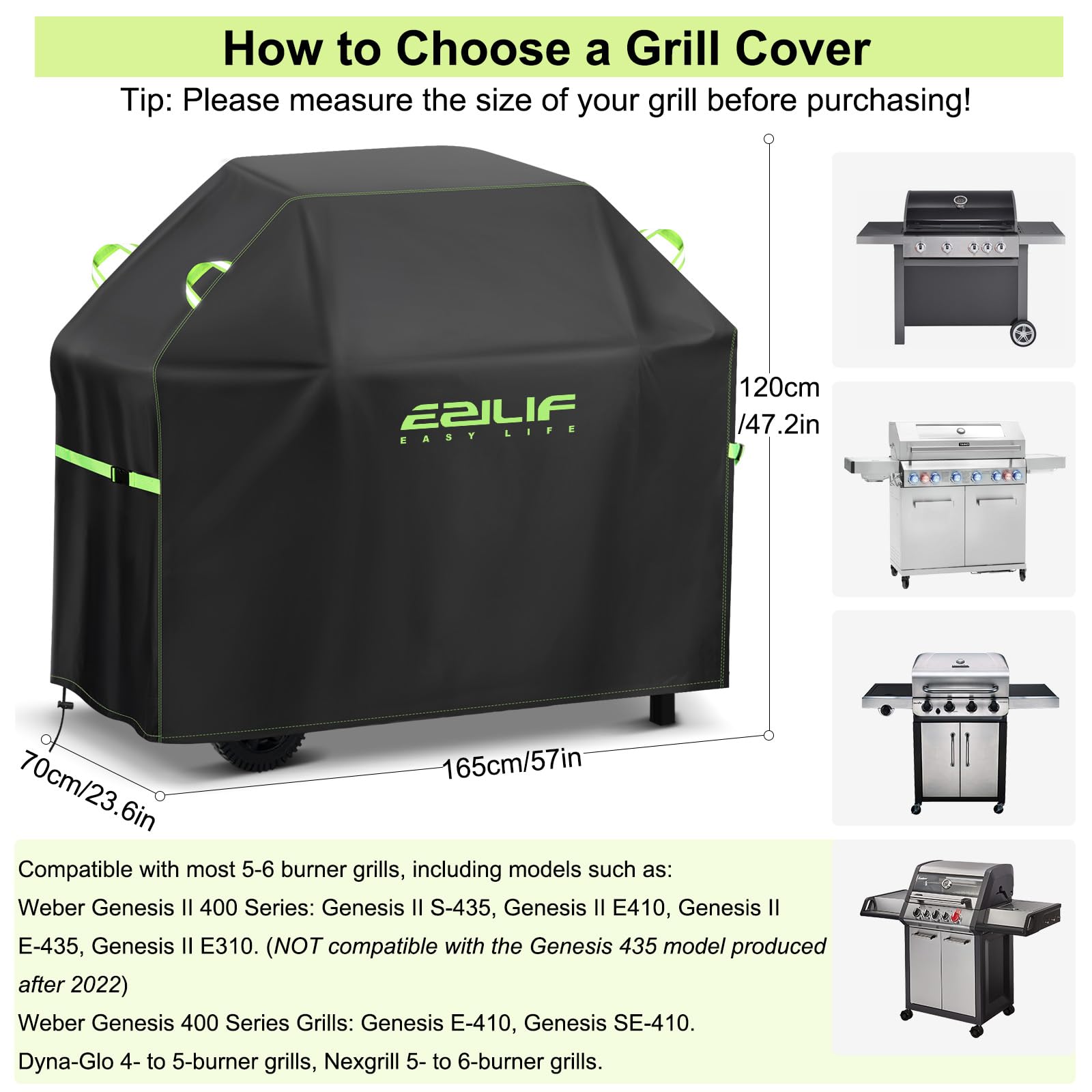 Ezilif Barbecue Covers, 165x70x125cm BBQ Covers Waterproof 420D Oxford Heavy Duty Large with Windproof Buckle and Reflective Handle, UV Tear-Resistant Gas BBQ Cover for Weber, Char Broil, Nexgrill — view 2