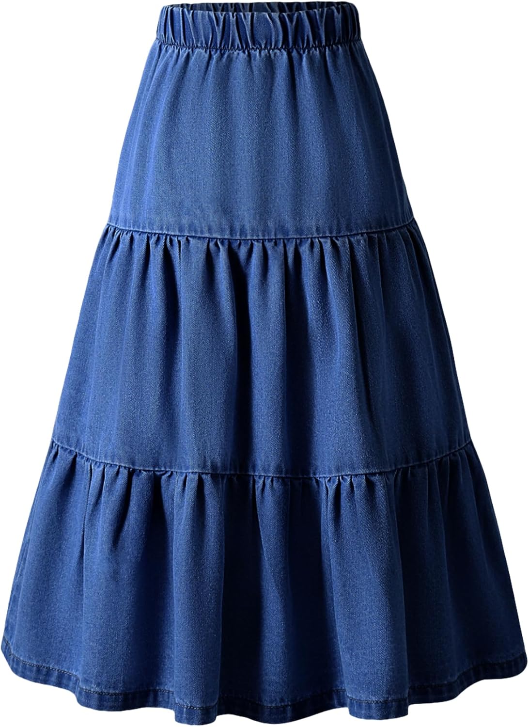 Happy Cherry Girls Ruffle Denim Skirt Little Girls Elastic High Waist Midi A Line Boho Flare Hem Long Skirt 5-12 Years