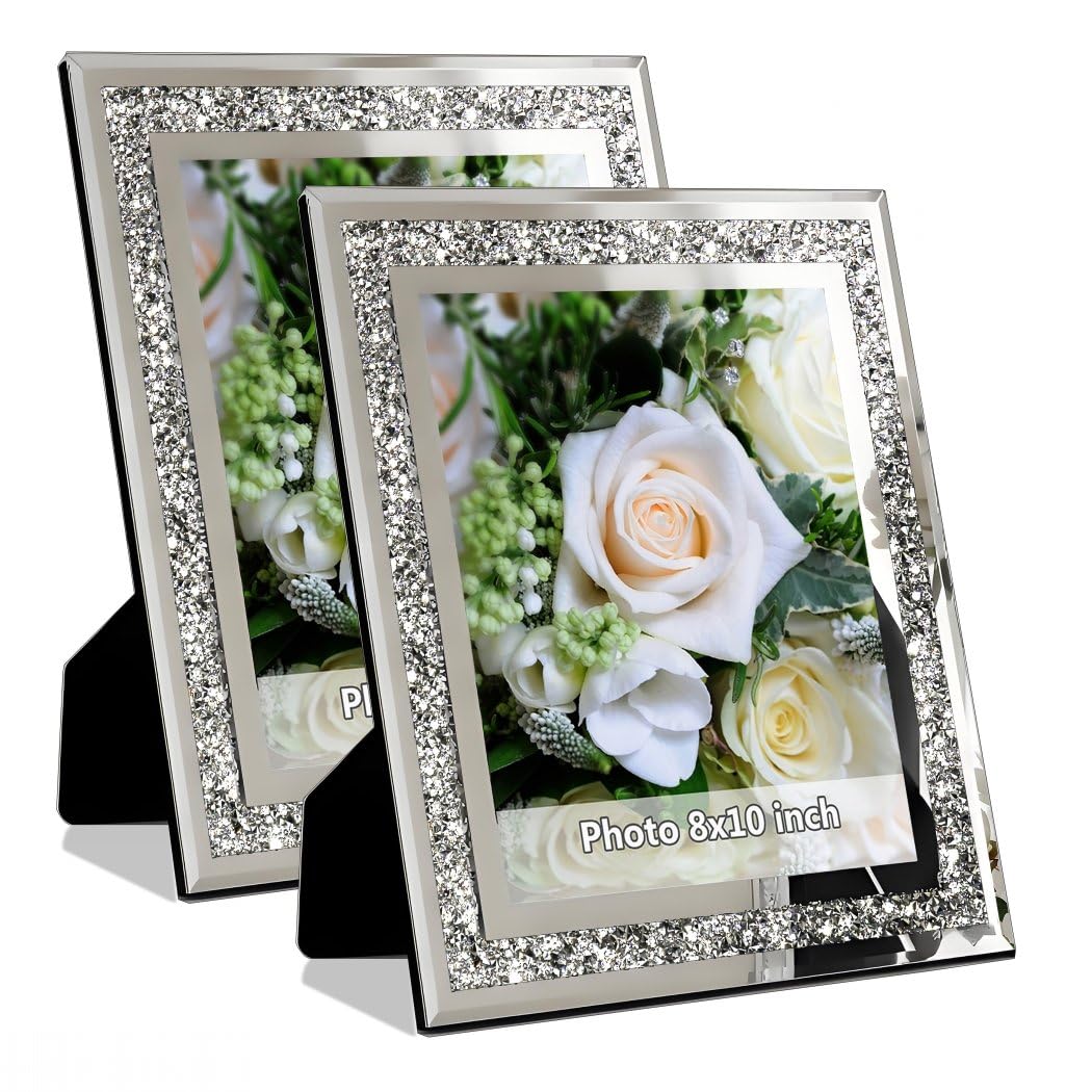 Cornice per foto a specchio con diamanti schiacciati, cornice in cristallo argento per foto di dimensioni 20,3 x 25,4 cm, confezione da 2 pezzi, cornice da tavolo e cornice da parete. Bling Sparkle