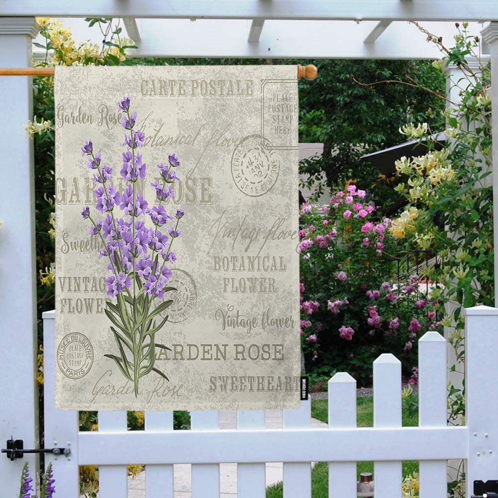 HGOD DESIGNS Lavender Flowers House Flag Vintage Lavender Elegant Postcard Background Template For Wedding Invitation Cotton Linen Yard Flags Double Sided Outdoor Decoration For House Banner 28"X40"