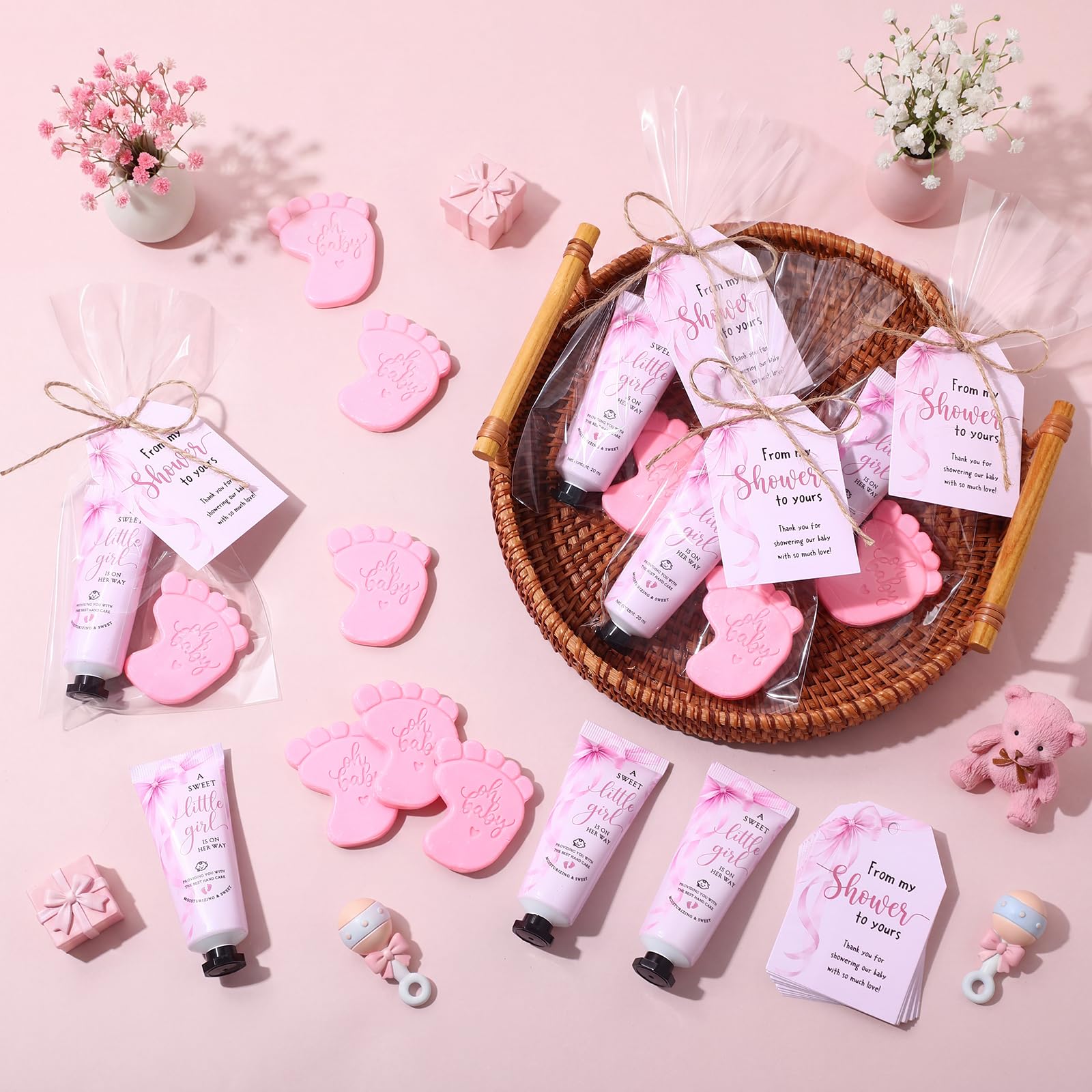25 juegos de recuerdos de baby shower con lazo rosa para invitados, kit de crema de manos perfumada y jabón de huellas con tarjetas, bolsas de regalo transparentes y cordel para regalos de