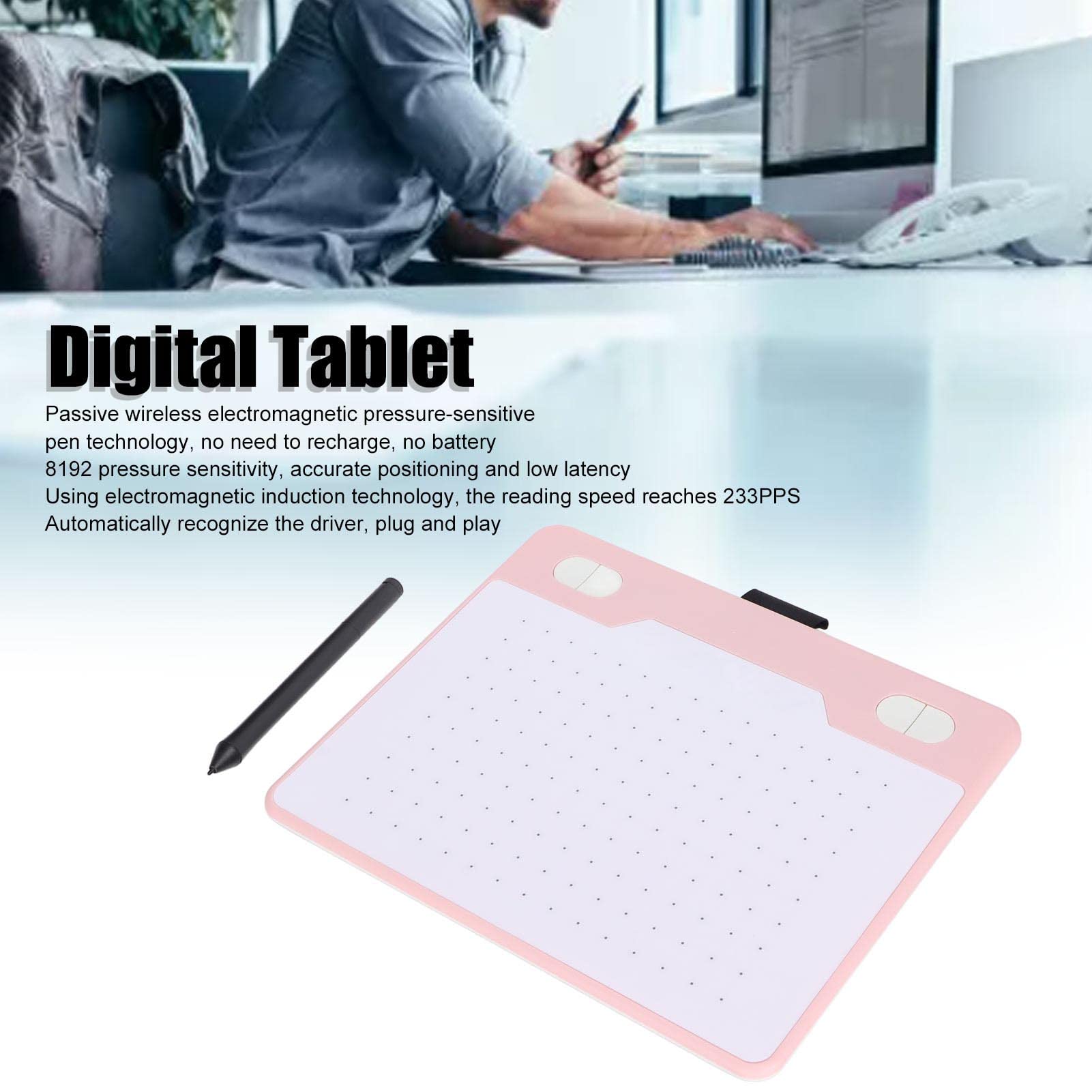 Tableta Gráfica de 6.1 X 3.9", Tableta Digital Reconocimiento Automático Resolución 5080LPI Soporte de Tableta de Dibujo Gráfico para Teléfonos Y Tabletas Android, para Win Y para Tabletas(rosa)
