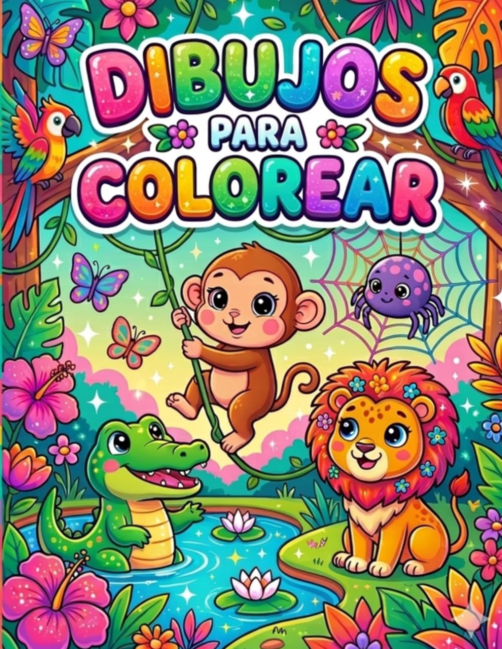 DIBUJOS PARA COLOREAR: Libro de actividades para niños con animales de la selva estilo kawaii