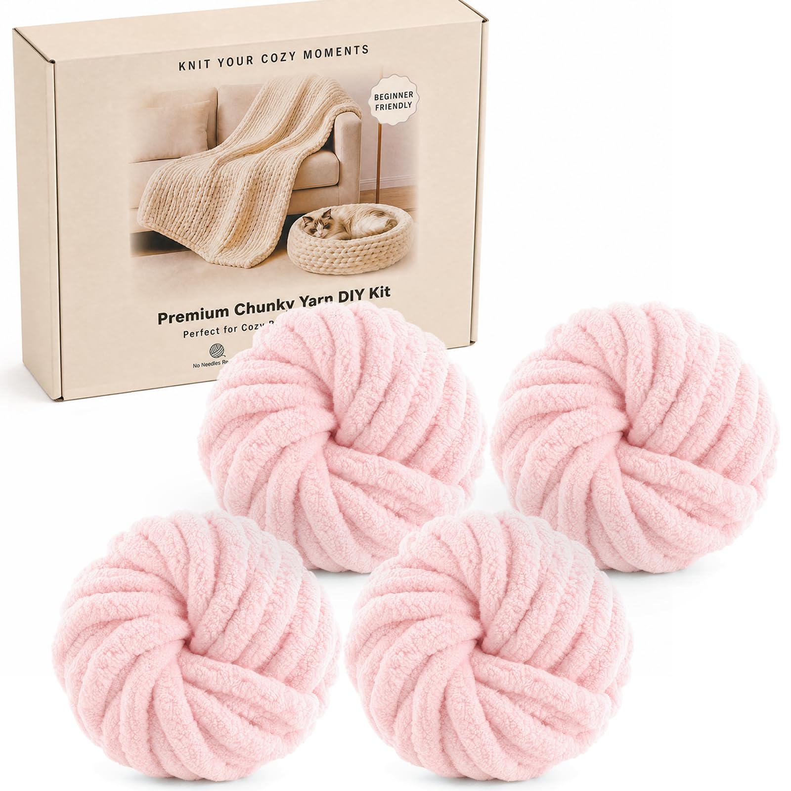 Chunky Chenille Yarn 4 Pack Gift Box, Approx 1kg/108m, Light Pink