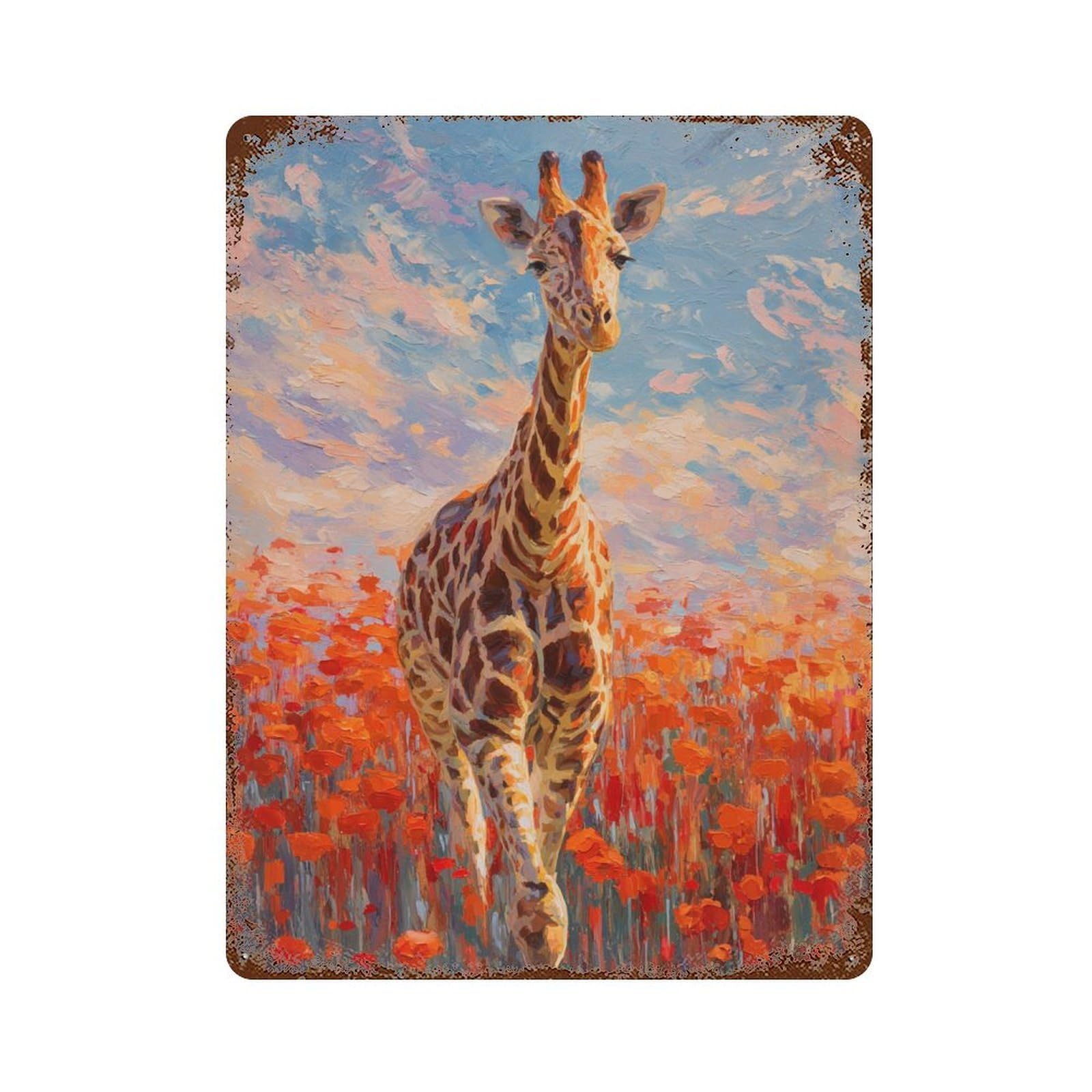 Giraffe in Poppy Field Painting Rusty Metal Tin Sign 15.7"x11.8", for Patio, Garden Room And Bar Decor, Old School Wall Decor
