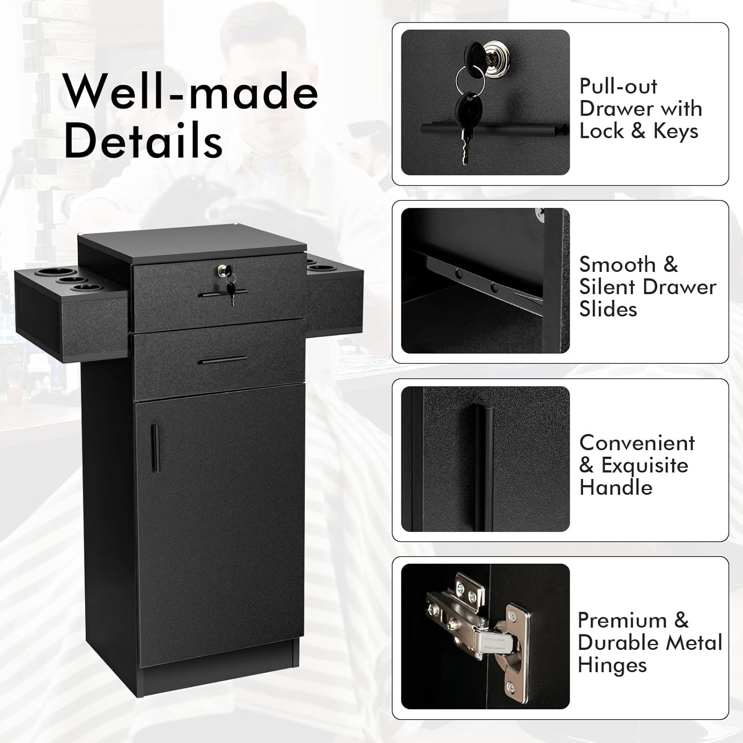 Giantex Salon Storage Cabinet, Locking Hair Styling Storage Organizer with 2 Drawers, 6 Hair Dryer Holders, Wooden Beauty Salon Spa Barber Station Hairdressing Equipment, Black (1)