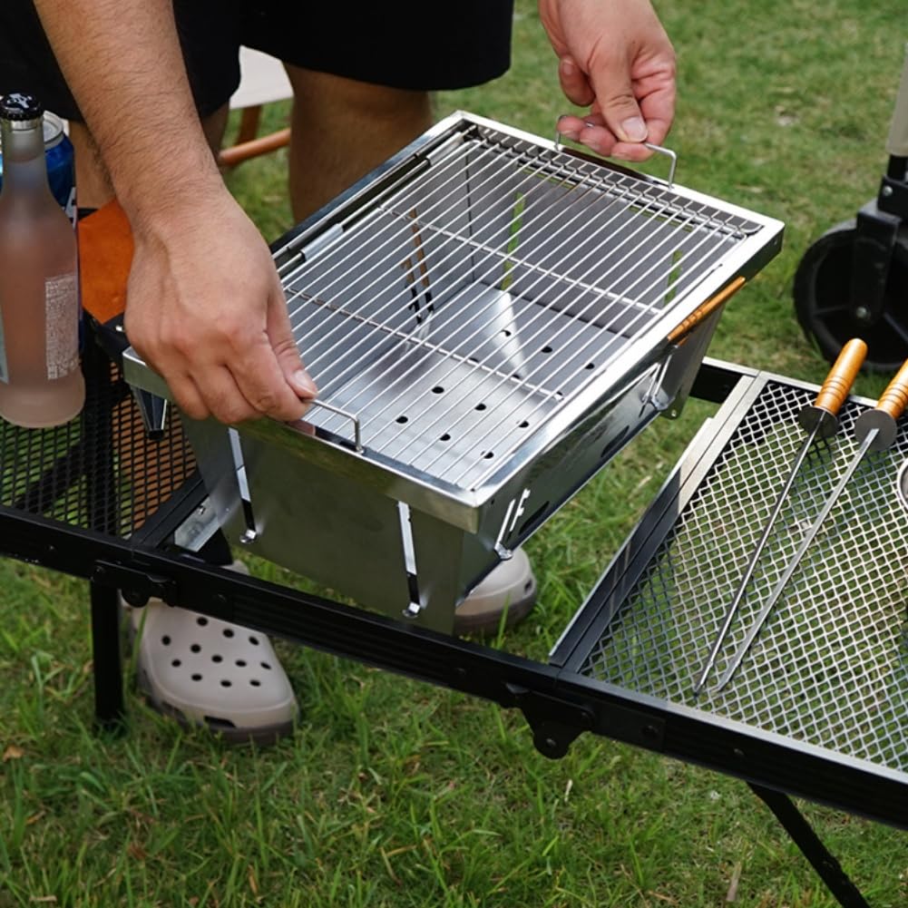 Parrilla plegable de camping para mesa IGT, barbacoa portátil de carbón de acero inoxidable con configuración rápida para senderismo, picnic, jardín, 38 x 28 cm
