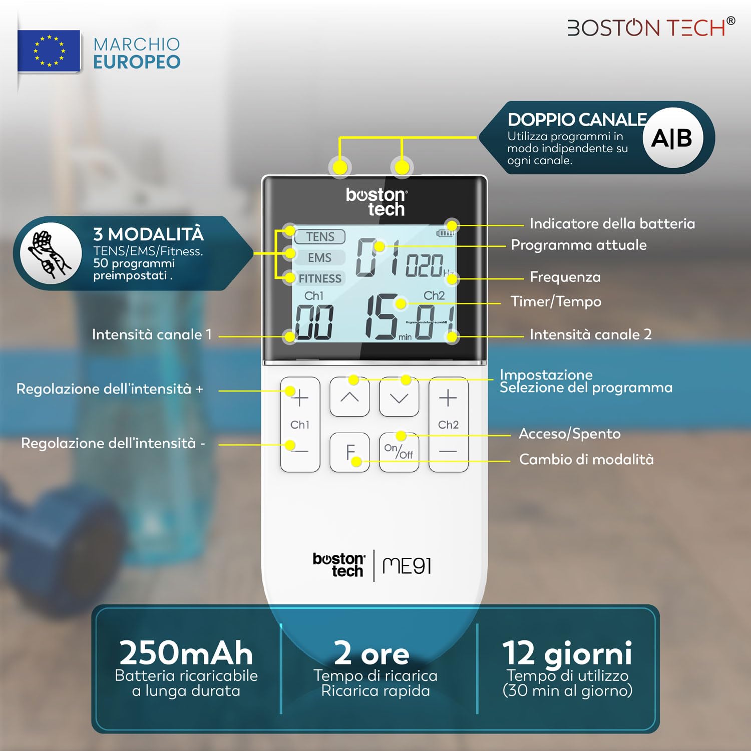 Boston Tech® Elettrostimolatore Muscolare | 3 in 1: TENS EMS Fitness | Sollievo Efficace dal Dolore + Allenamento | 2 Canali + 50 modalità + 16 Livelli di Intensità + Include Custodia + 4 Elettrodi
