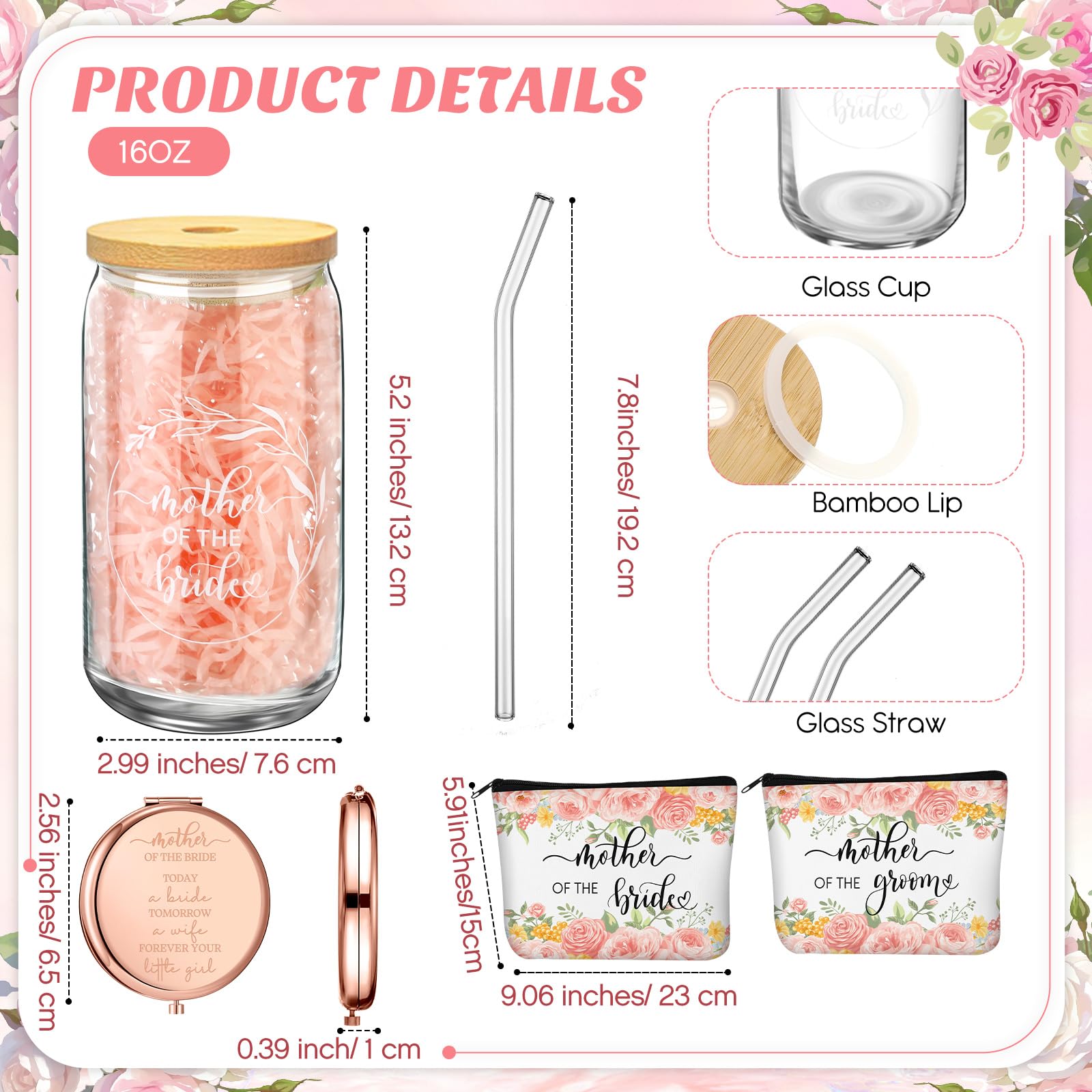 Hushee 2 Sets Mother of the Bride and Mother of the Groom Gifts Set Includes 16 oz Glass Cups Canvas Tote Bags Cosmetic Bag Handkerchief Candle for Mom Bridal Shower Wedding Gifts (Flower)