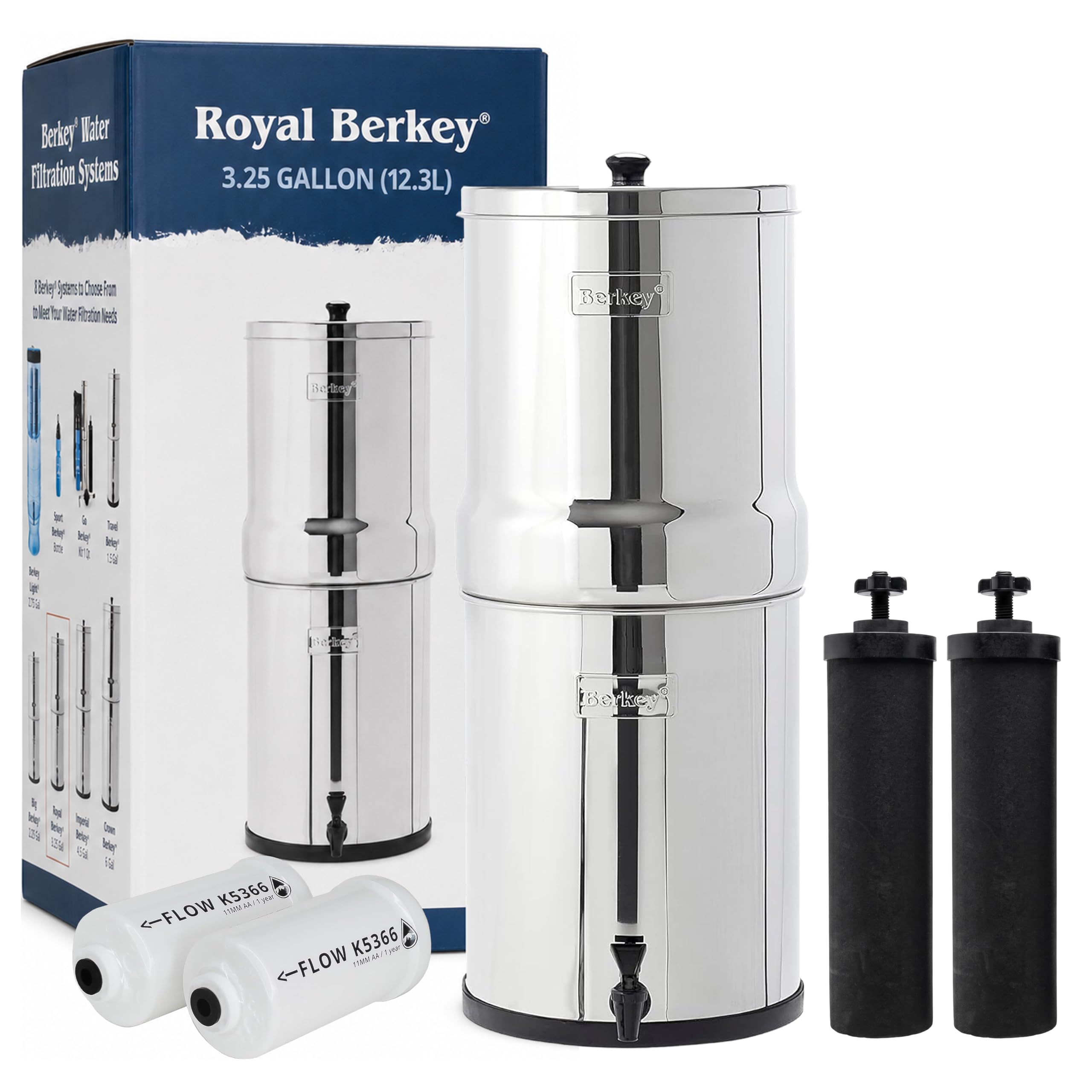 Berkey Royal Wasserfilter komplett mit 2 schwarzen Reinigungselementen mit 2 PF-2-Fluorid-Filtern ~ Filtersystem UK Edelstahl
