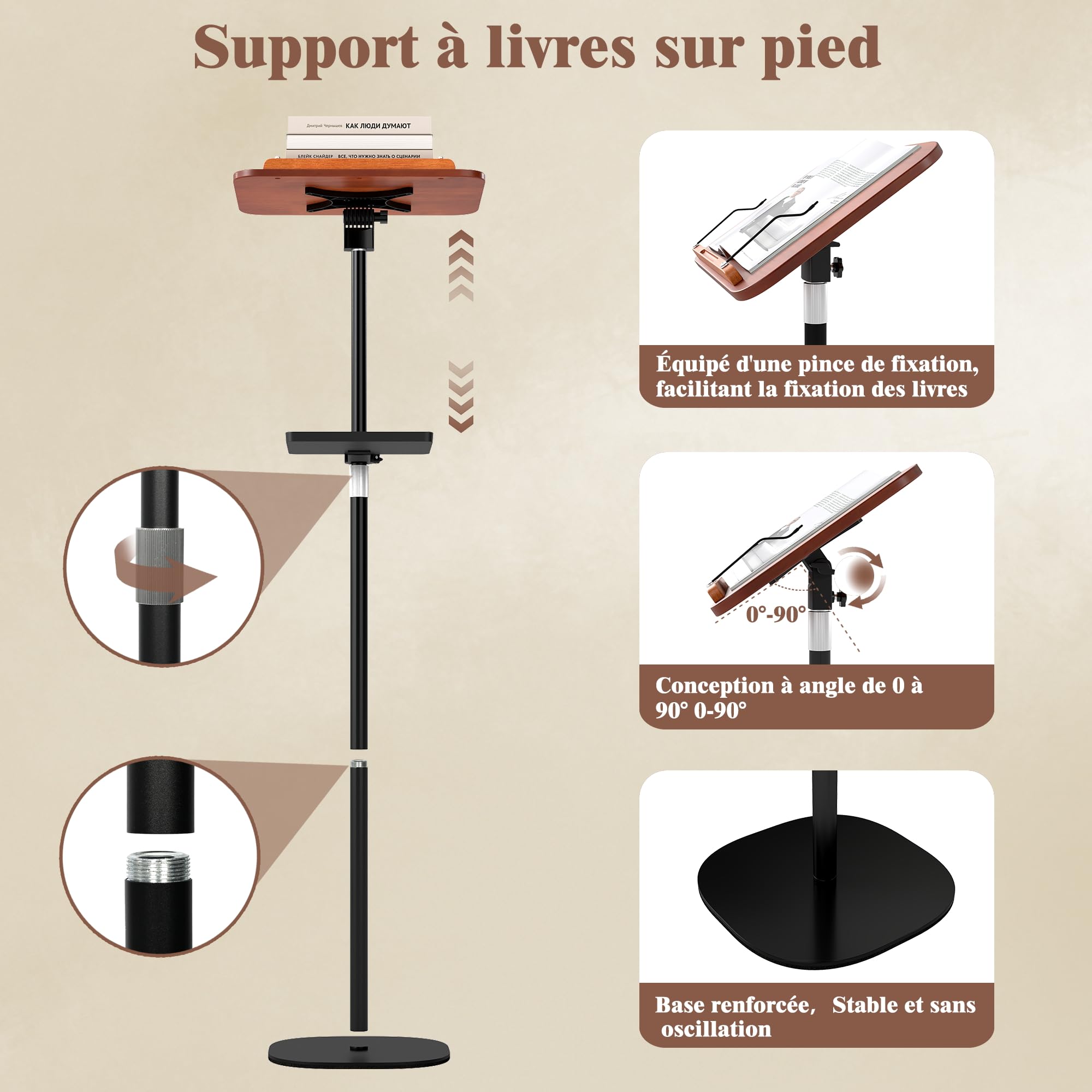 uyoyous Supporto per libro altezza regolabile con vassoio 44-136 cm | supporto di lettura leggio di lavoro 1,3 metri multifunzionale espositore libro per spartiti ricette tablet