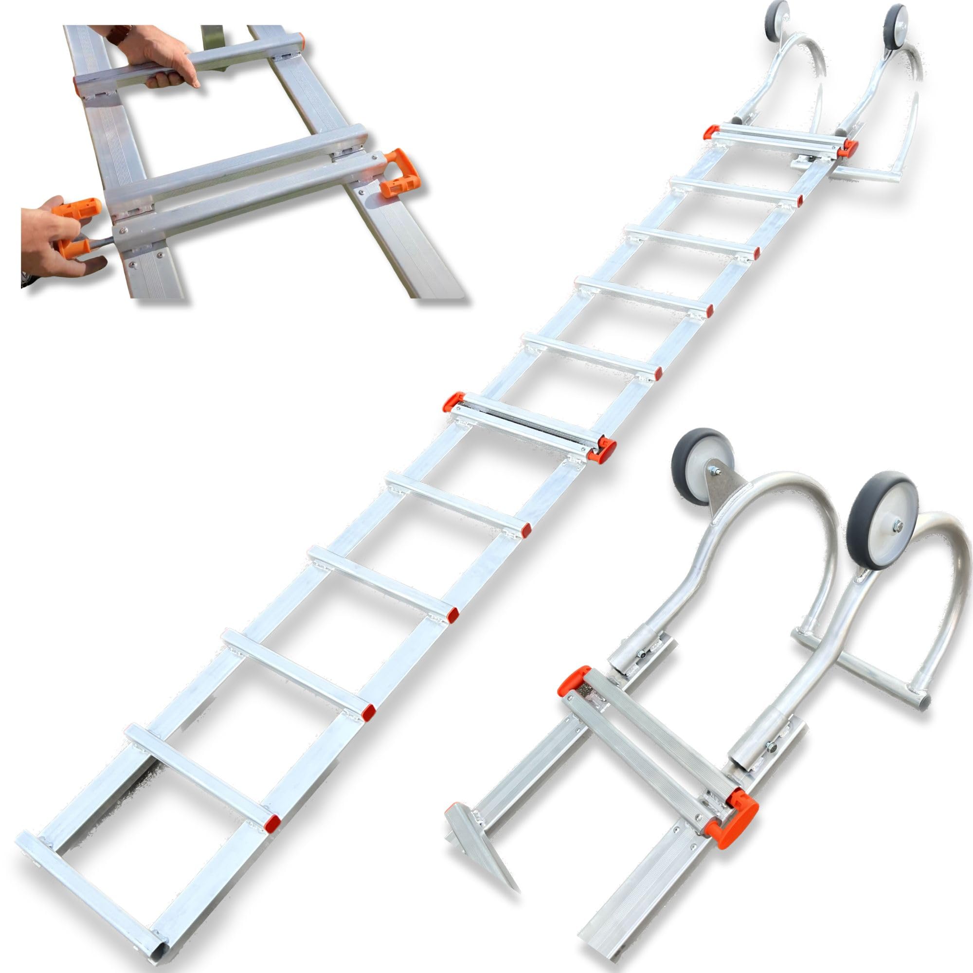 Echelle de Toit à Crochet Facile à Installer, légère et résistante Longueur 5,65m - Roues Grande Dimension 120 mm et Barre stabilisatrice