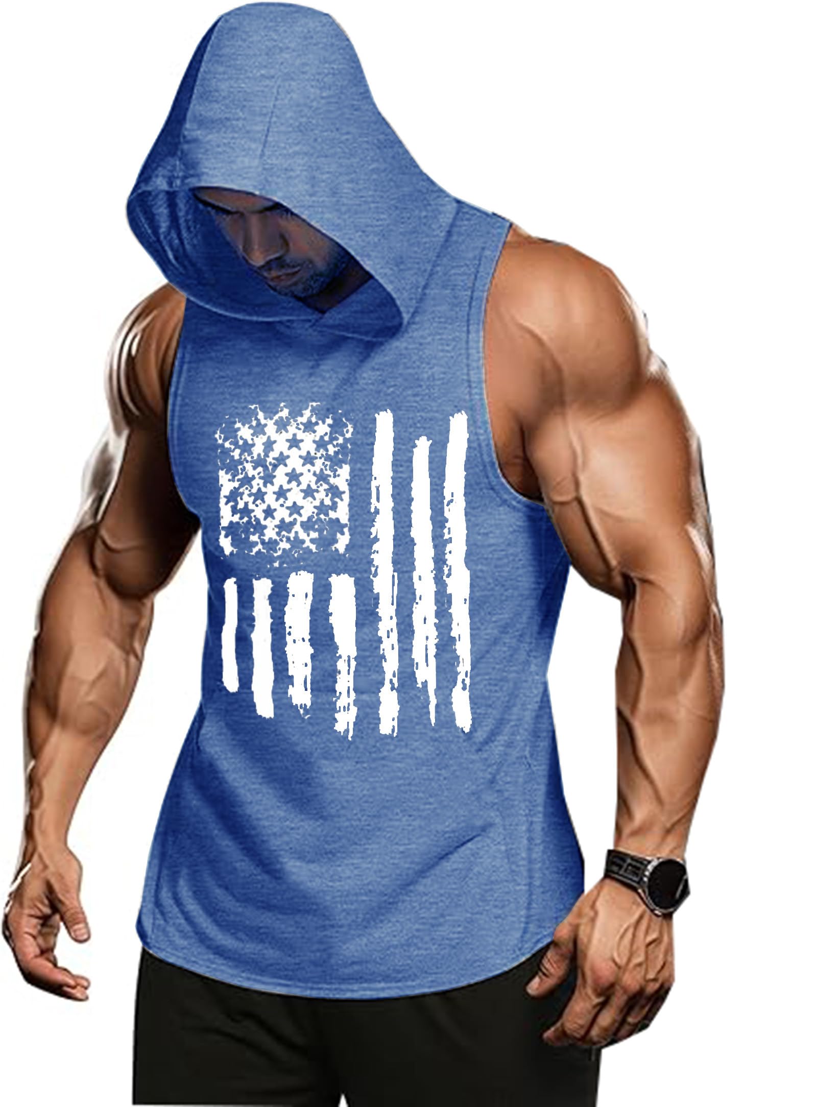 jusgai Patriotic American Flag Hooded Tank Top for Men USA Flag Workout Shirt 4th of July Sleeveless Muscle T Shirts
