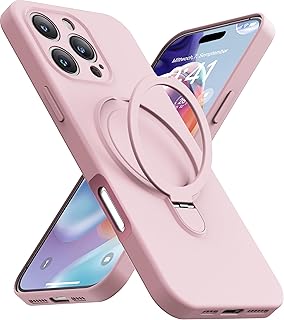Mephoro Soporte magnético para iPhone 16 Pro Max, silicona líquida, compatible con MagSafe, soporte integrado y soporte de anillo, forro de microfibra suave antiarañazos, color rosa