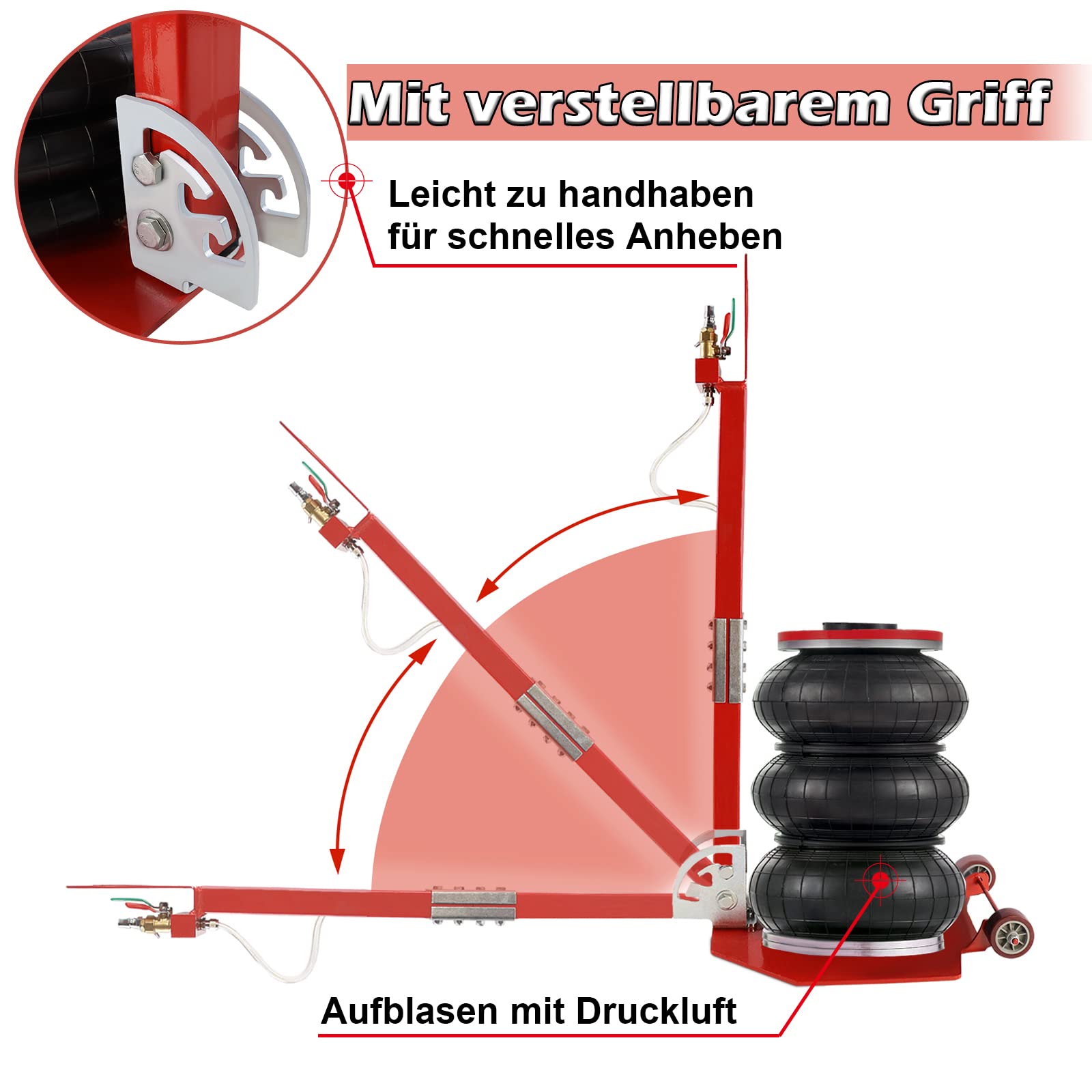 3T Pneumatischer Wagenheber Luftkissen Wagenheber Luftheber Luftwagenheber Air Jack 6600LBS Kapazität für Familienautos LKW PKW, Rot