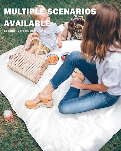 Miniatura 7 de Manta de playa impermeable a prueba de arena de 118 x 108 pulgadas, color blanco, tapete de playa de gran tamaño con 4 bolsillos esquineros para