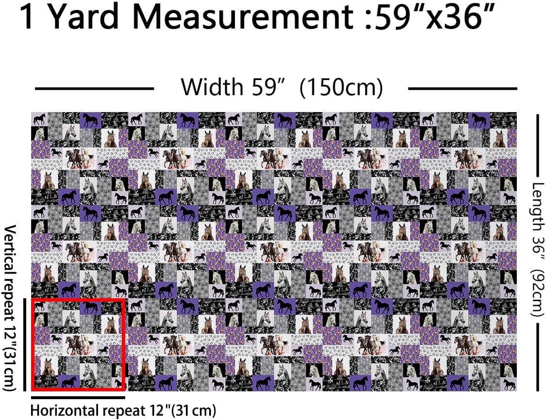 Feelyou Rustic Horse Fabric by The Yard 2 Yards Kids Horse Floral Decorative Waterproof Outdoor Fabric Western Cowboy Upholstery Fabric for Chairs Geometric Plaids Patchwork Purple Outdoor Fabric
