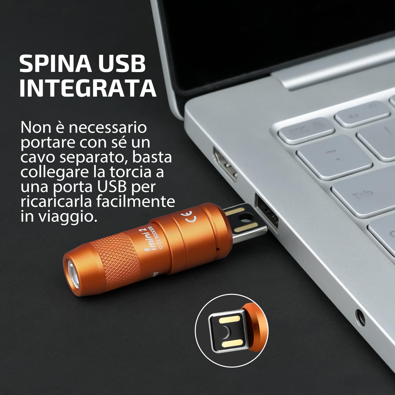 OLIGHT I Mini 2 Mini Torcia Portachiavi a LED con Base Magnetica, Ricarica USB-A, IPX6, 21m, Arancione