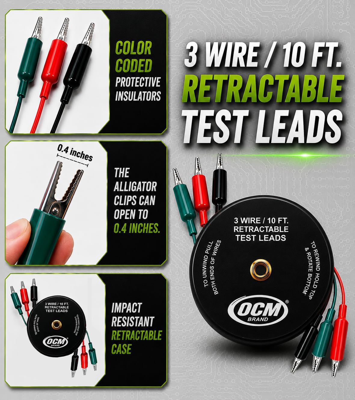 Retractible Test Leads - 3 Wire, 18 Gauge -2 Retractible Test Leads - 3 Wire, 18 Gauge -2