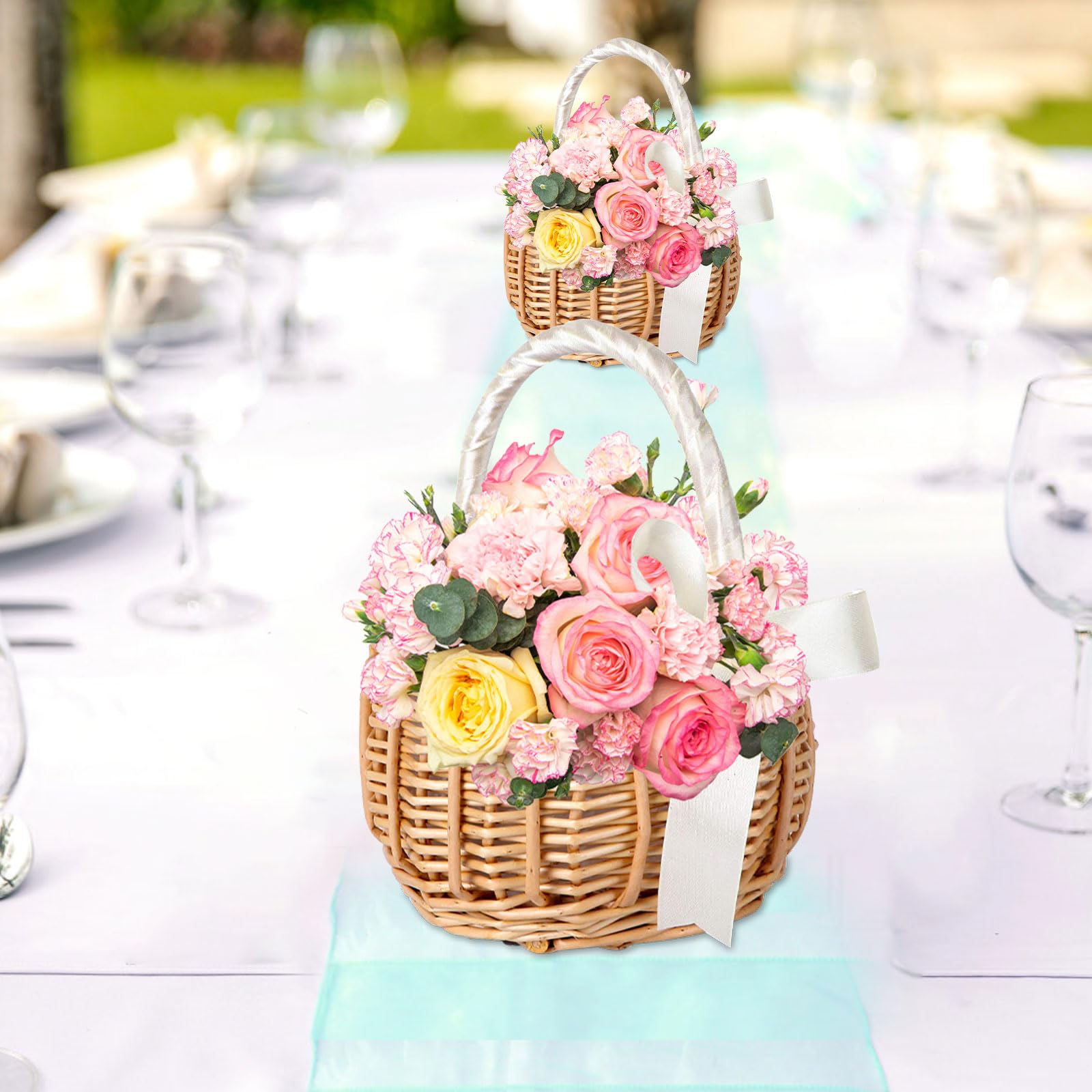 2 Cestini In Vimini Con Manico - Per Matrimoni, Regali E Decorazioni Casa - Intrecciati A Mano - Foto 7