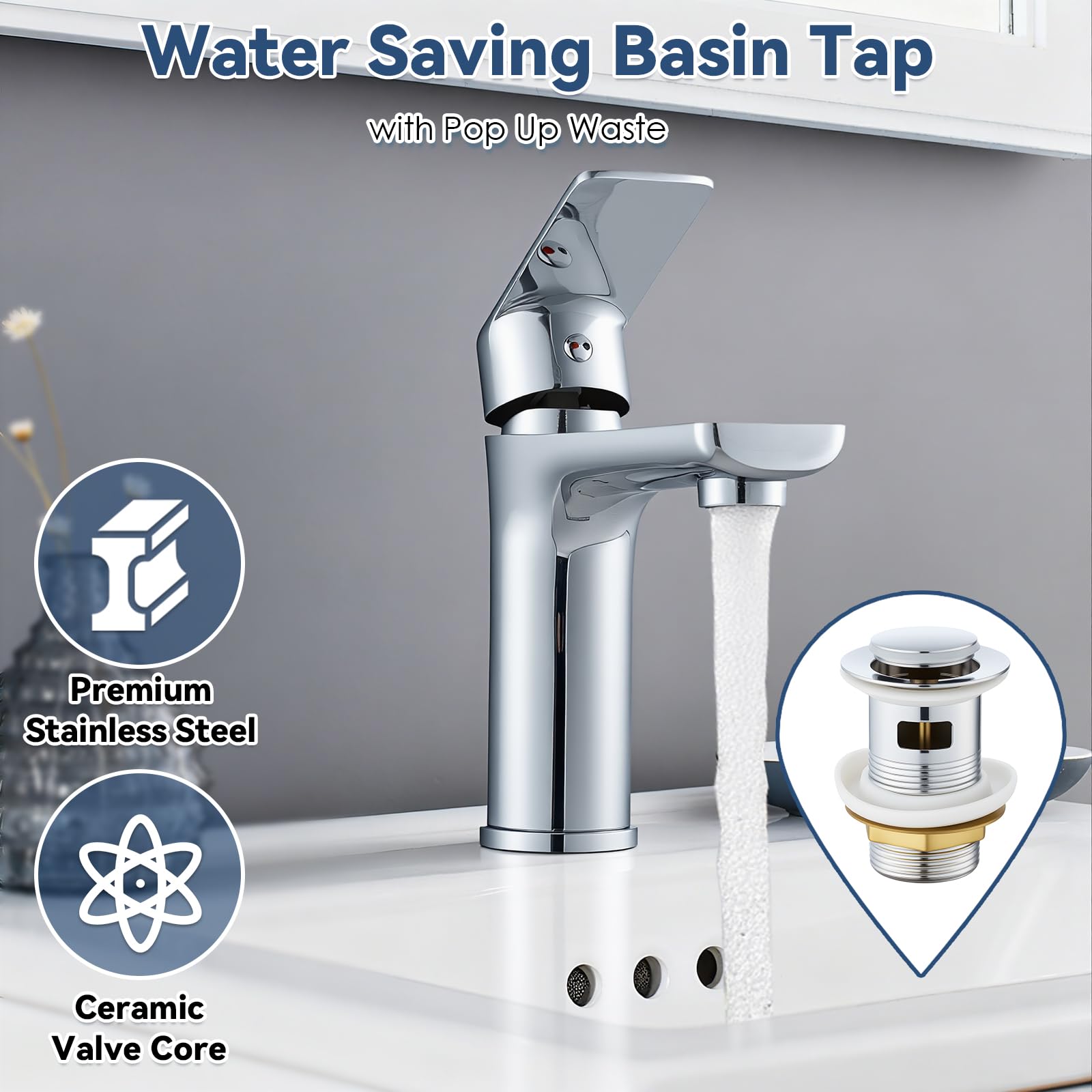 VONATES Bathroom Taps, Premium Stainless Steel Water Saving Faucet with Ceramic Valve Cartridge, 60cm G1/2 Hoses - Image 2