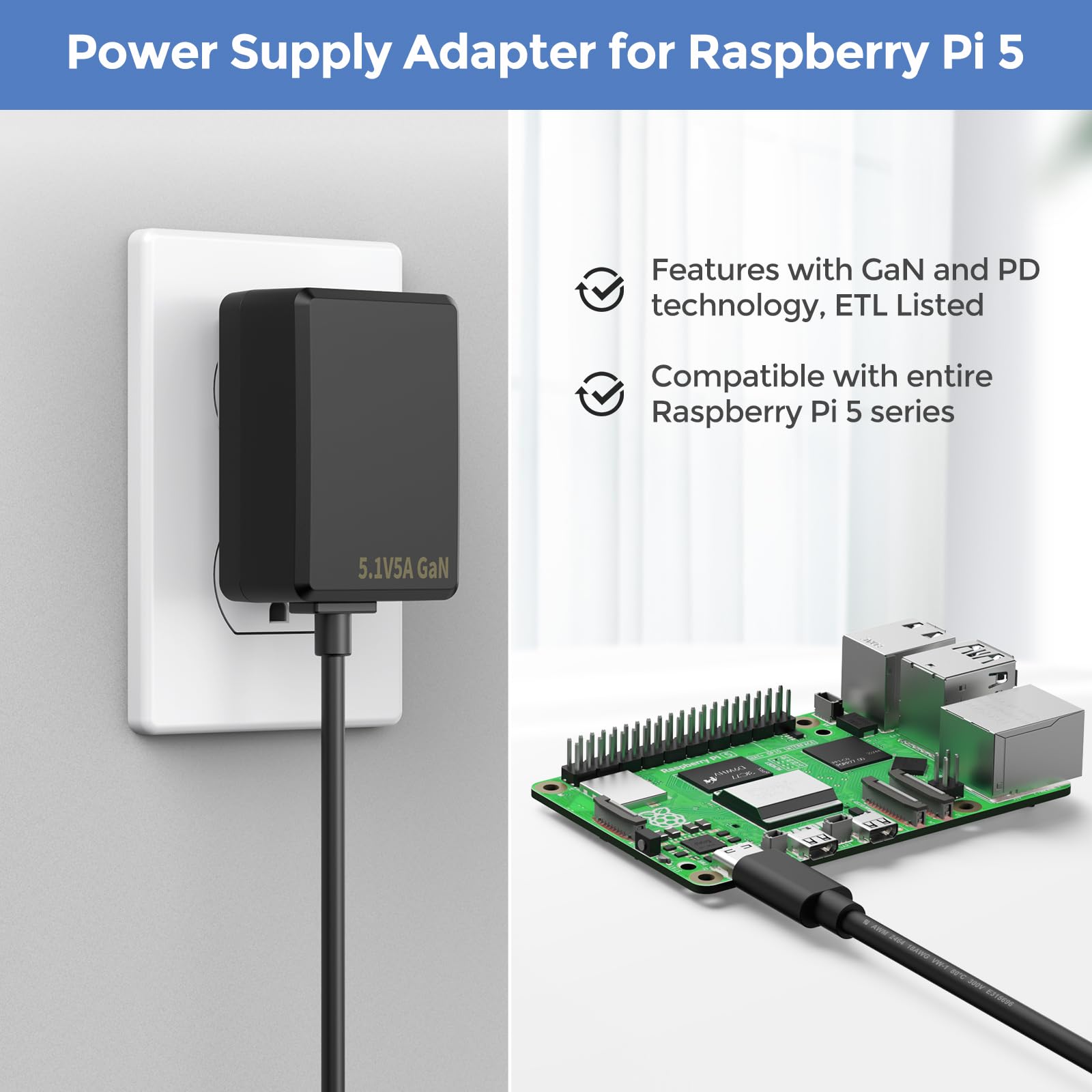 InnoMaker 27W Power Supply Adapter for Raspberry Pi 5, USB-C 5.1V/5A PD Power Supply for Raspberry Pi 5, GaN PD Power Supply Unit (PSU27W-US-Black)