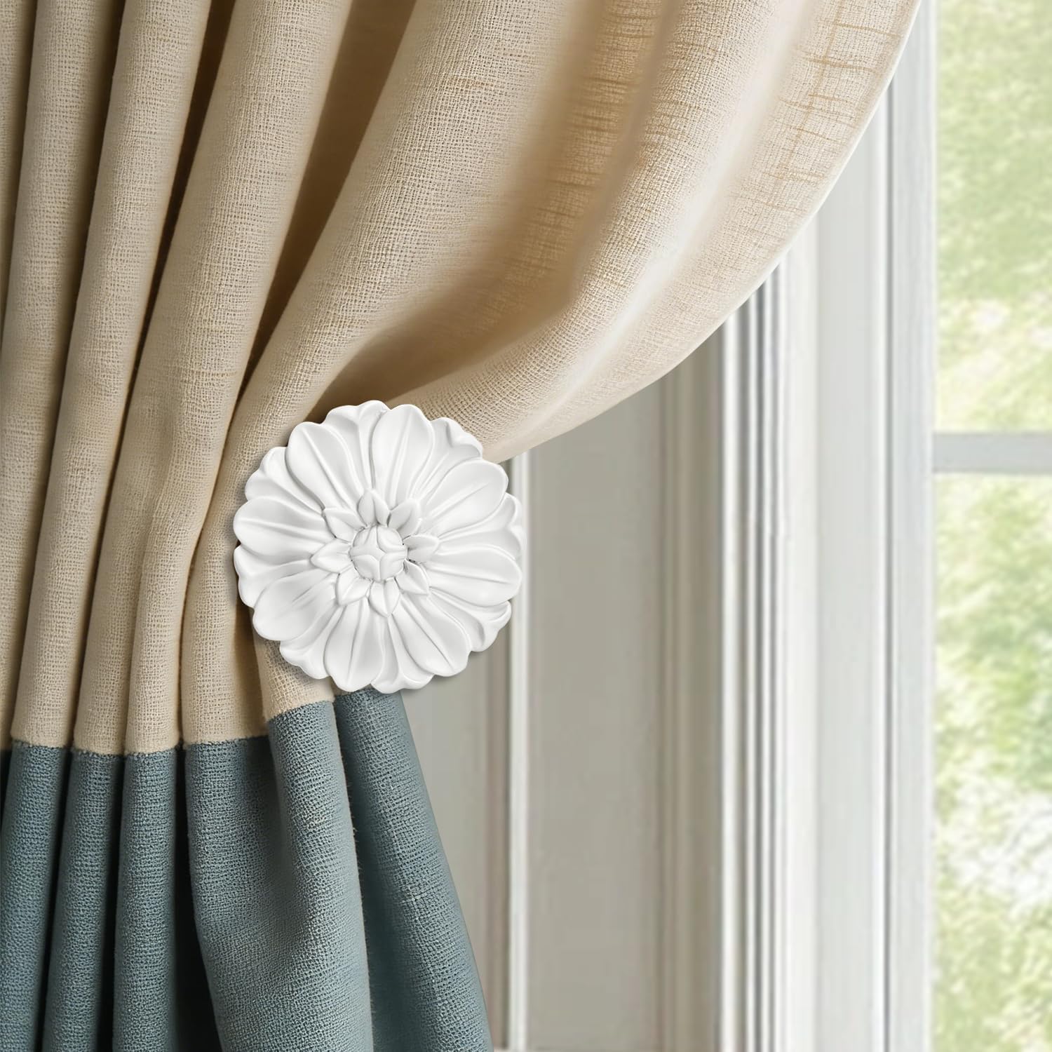 Blossom Curtain Holdbacks, Set of 2 White - Tassel Tiebacks, Wall Hook for Drapes, Vintage Window Decor with Elegant Floral Medallion Design