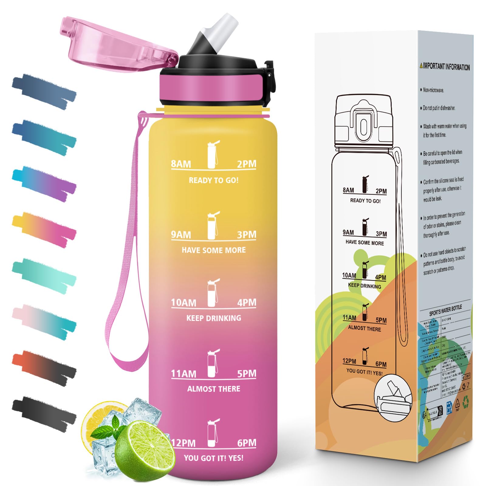 Mulbijeo Botellas de Agua, 1 Litro BPA Free, Botella Gimnasio, con Escala de Tiempo Motivacional, Cantimplora, Reutilizable, Garrafa de Agua, Ideal para Escuela, Oficina, Deporte, Botella con Pajita — view 16