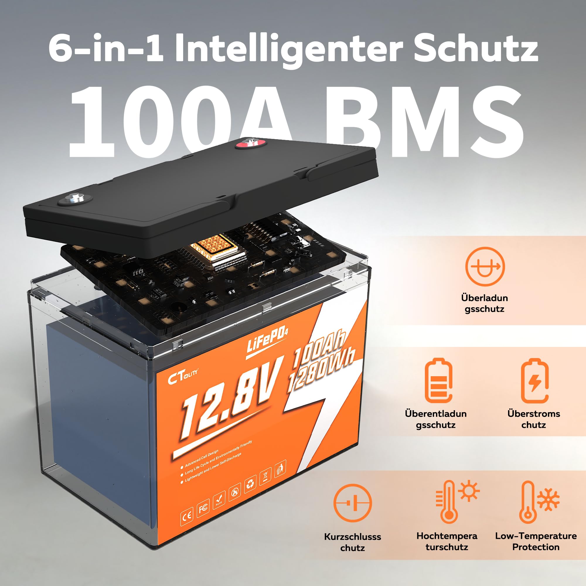 LiFePO4 akumulator litowy 12V, 100 Ah, 1280 Wh, do 4000 cykli Deep Cycle, akumulator litowy 100 A BMS, klasa A LiFePO4 ogniwa do kamperów, przyczep kempingowych, magazynowania energii, Van, Off-Grid
