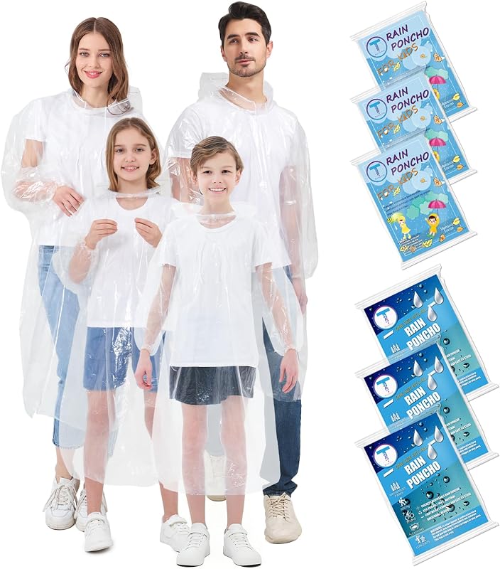 TUNCHMO Ponchos de lluvia desechables para adultos y niños, paquete de 4/6/10 extra gruesos | Paquete familiar de 6, paquete de 6 niños, paquete de 4 adultos y paquete de 10 adultos, mangas largas con puños elásticos, material de PE transparente extragrueso