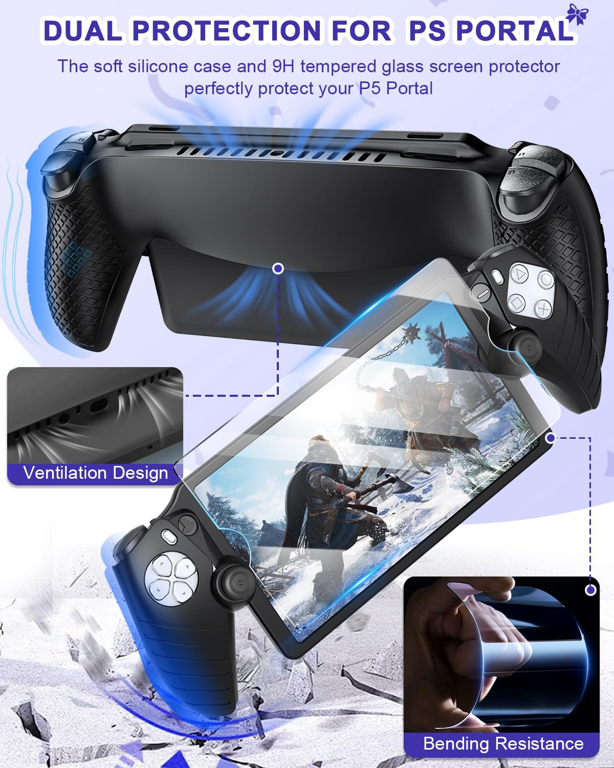 FYOUNG Kit di accessori per PlayStation Portal, custodia da trasporto e caricabatterie portatile magnetico per PS5 Portal con custodia protettiva, protezioni schermo, cuffie con cavo, 8 impugnature