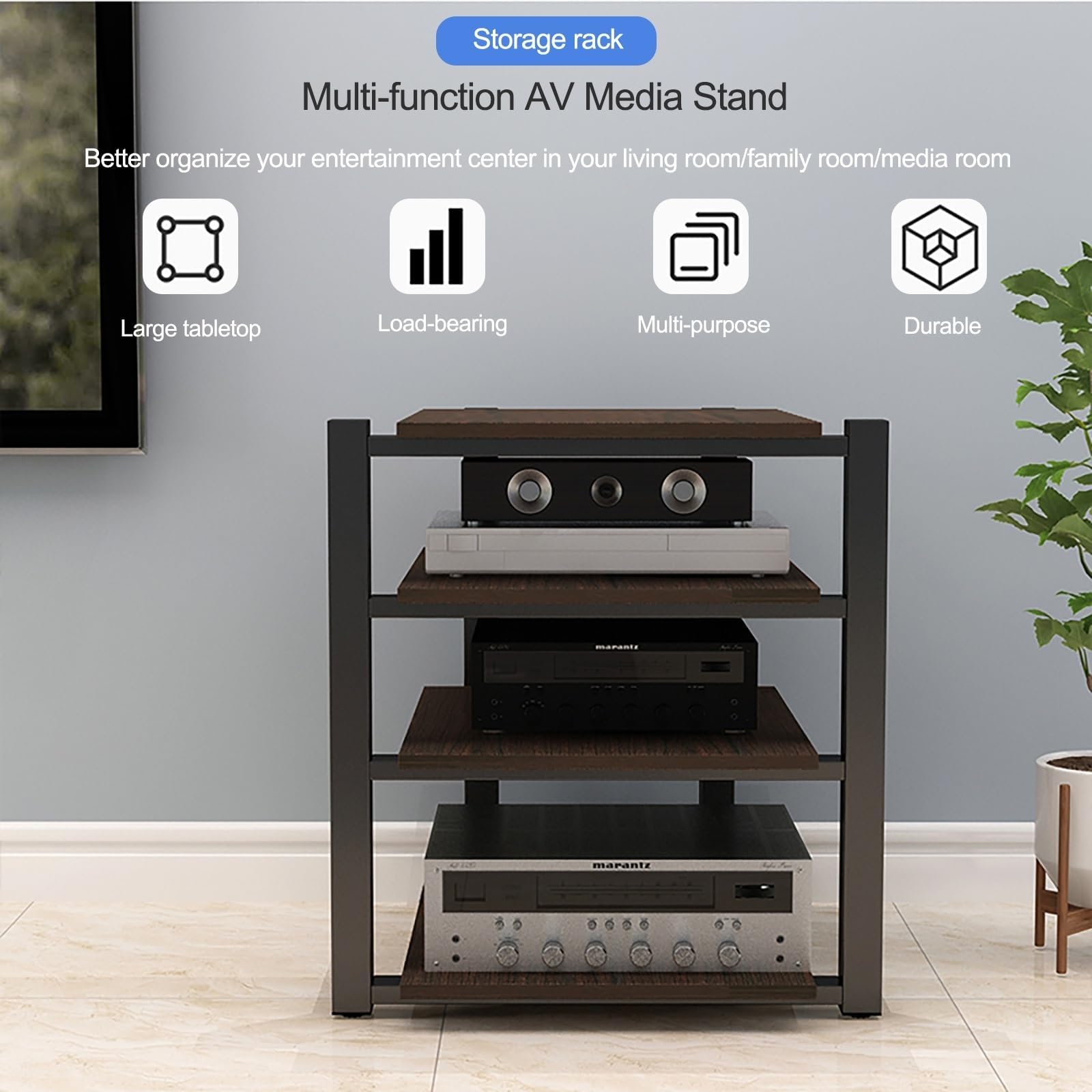 AV – Armadio a torre per intrattenimento a 2/3/4 ripiani, moderno rack per altoparlanti e audio Home Theater, elegante centro multimediale per sistemi TV (marrone, 90 cm)