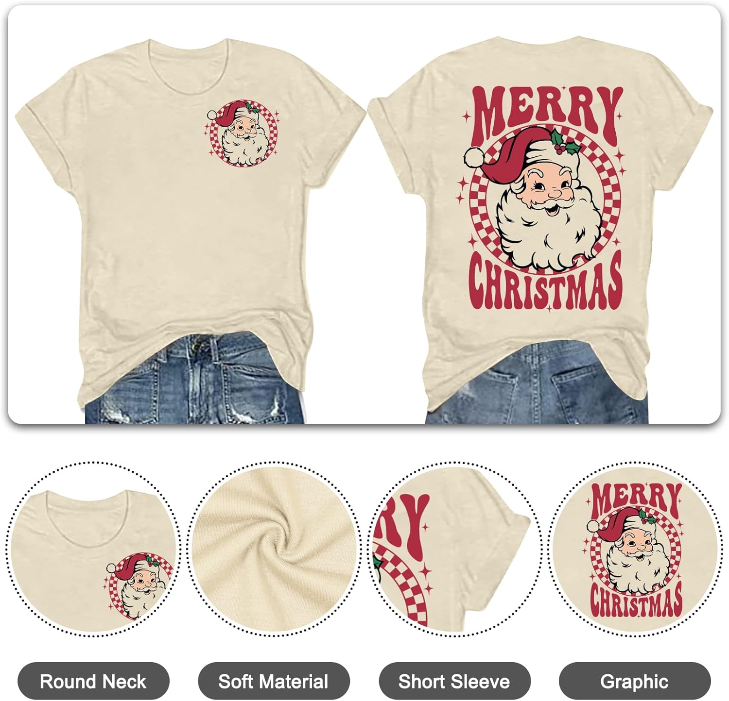 Christmas Shirts Women Vintage Santa Claus T-Shirt Merry Christmas Shirt Xmas Gift Tee Casual Holiday Tops - Image 5