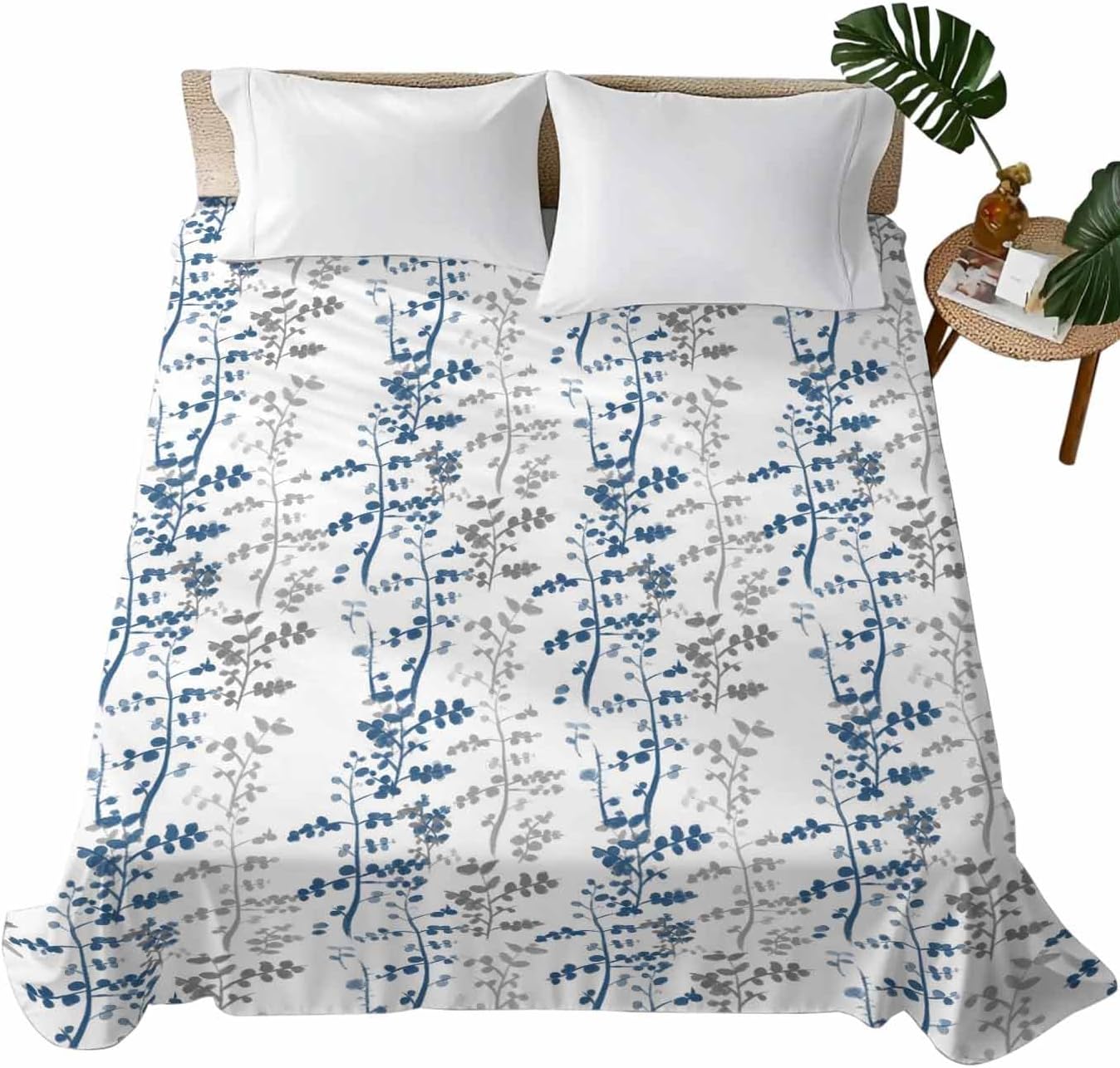 Navy Blue Grey Botanical Twin Size Flat Sheet Only, Hotel Luxury Microfiber Bed Top Sheets, Spring Floral Summer Farmhouse Soft Breathable Bedding Sheet for Bedroom, Easy Care - 66" x 96"