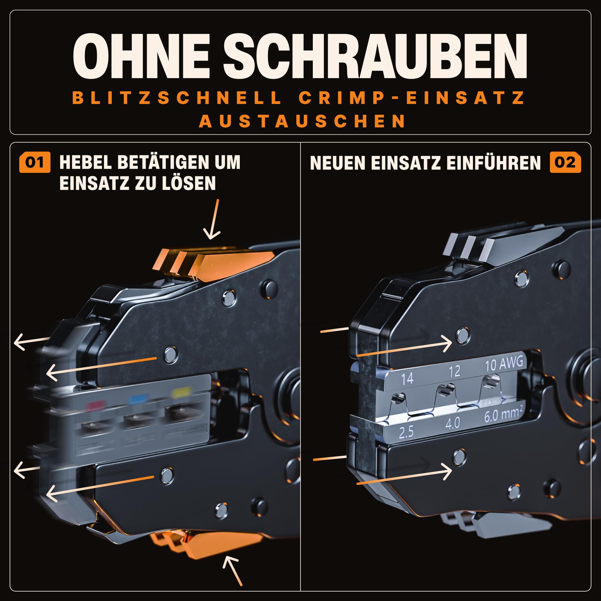 BAURIX® Crimpzangen mit 6 Wechselbacken und Kabelschuhe Sortiment 700 Stück – Elektriker Werkzeug für Kabelschuhe, Aderendhülsen & Steckverbinder – für Auto, Haushalt & Elektroinstallation