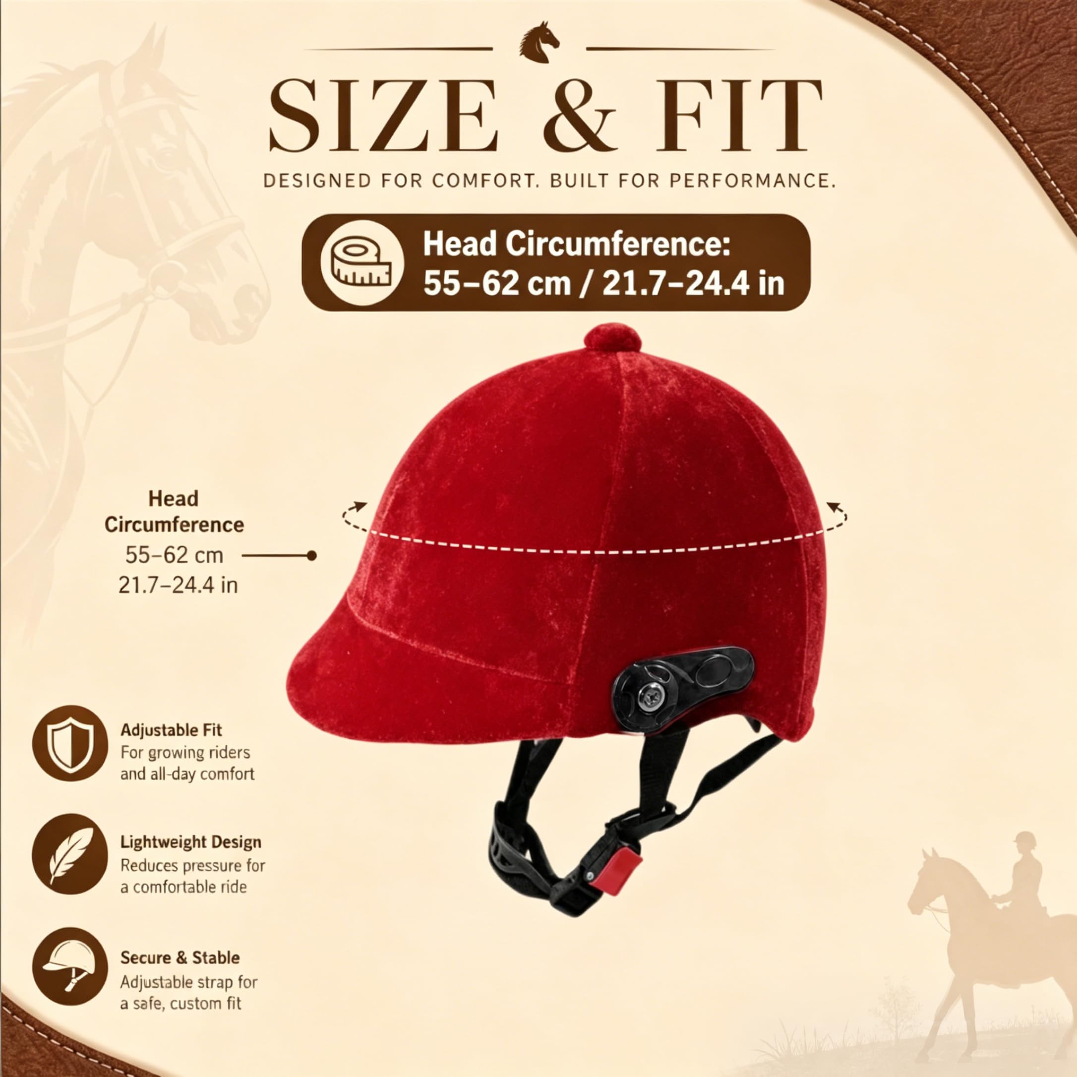 Casco da equitazione regolabile per adulti e adolescenti, nero, 55-62 cm