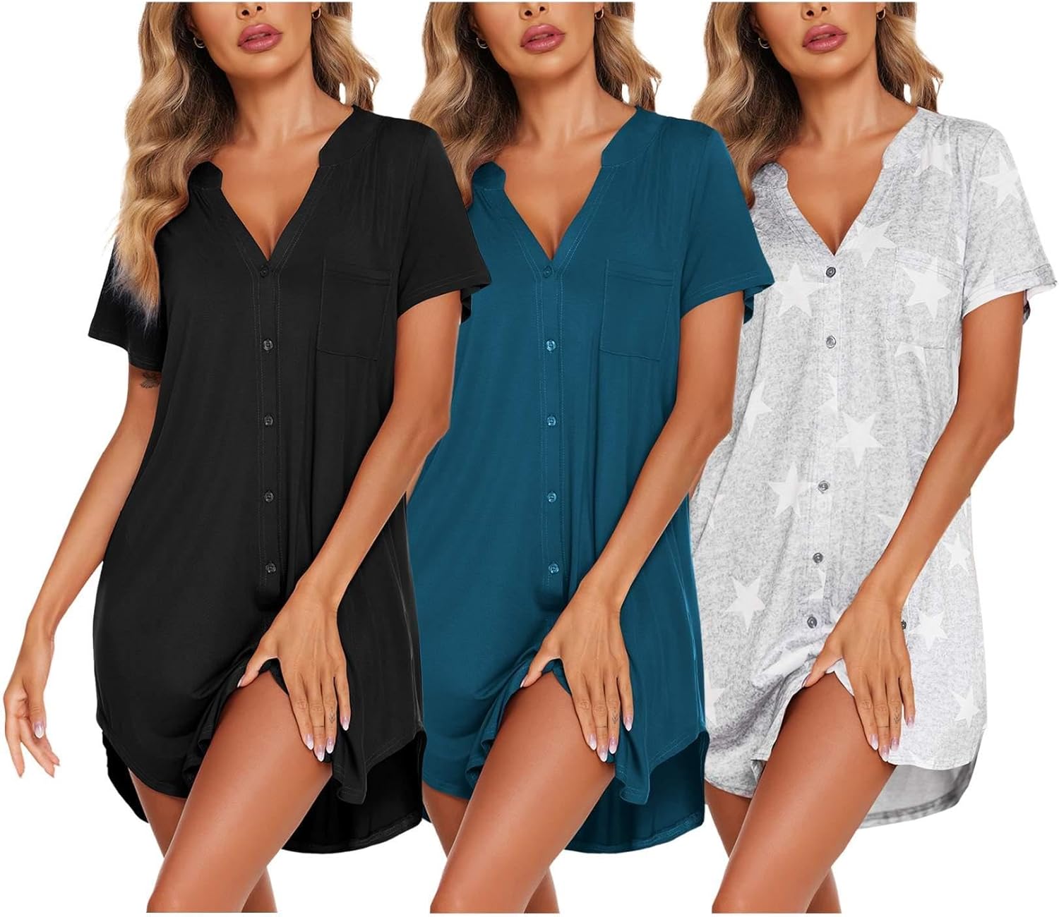 Ekouaer 3 Pcak Nightgowns Women Button Down Sleep Shirts V Neck Night Shirts Night Gowns