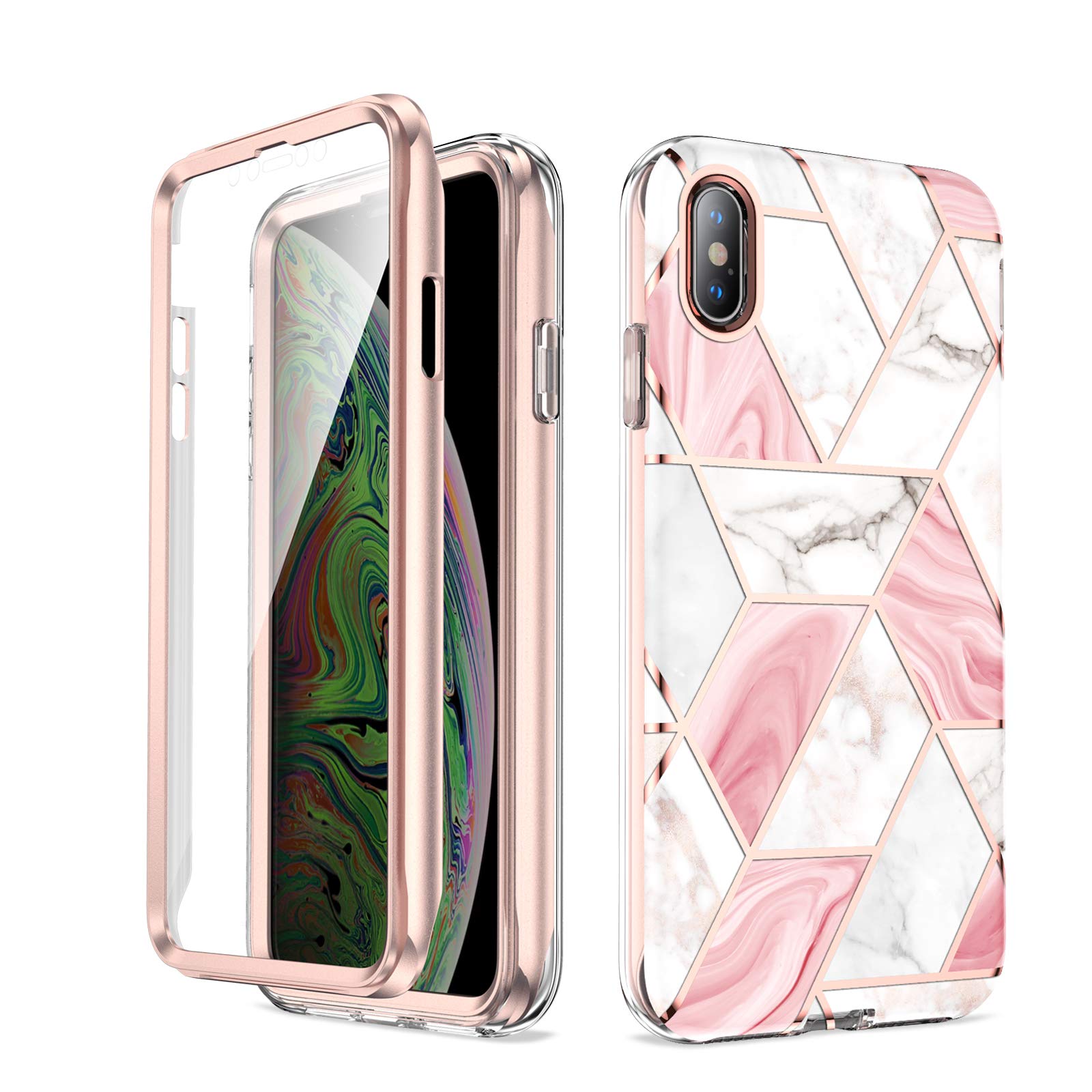 Full Body Stylish Chrome Holographic Marble Design Shockproof Protective Case with Built-in Screen Protector for 5.8 inch iPhone X/Xs(Pink Marble)