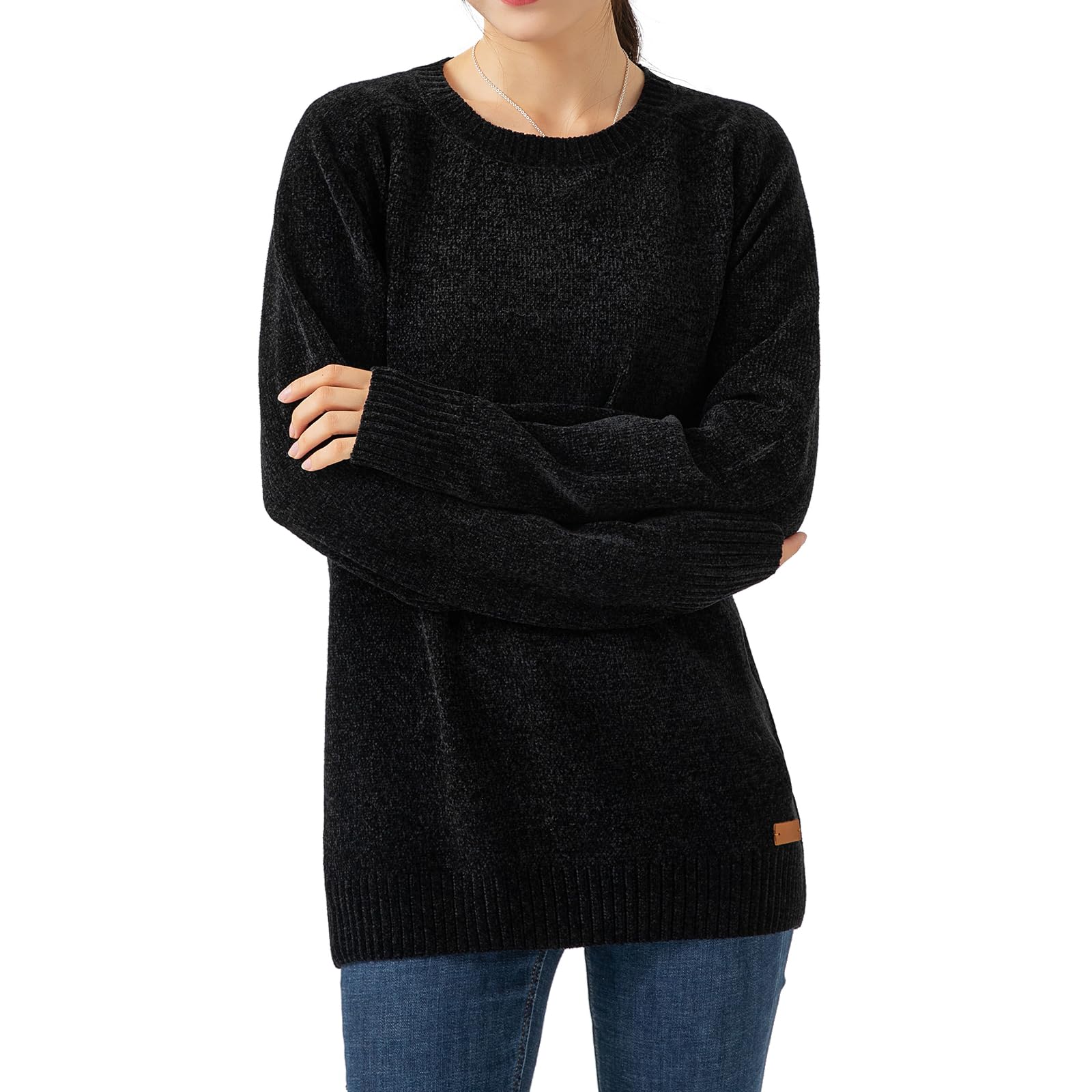 Simple Opulence Womens Chenille Sweater Crewneck Long Sleeve Pullover Ribbed Cuff Hem Round Neck Jumper Tops